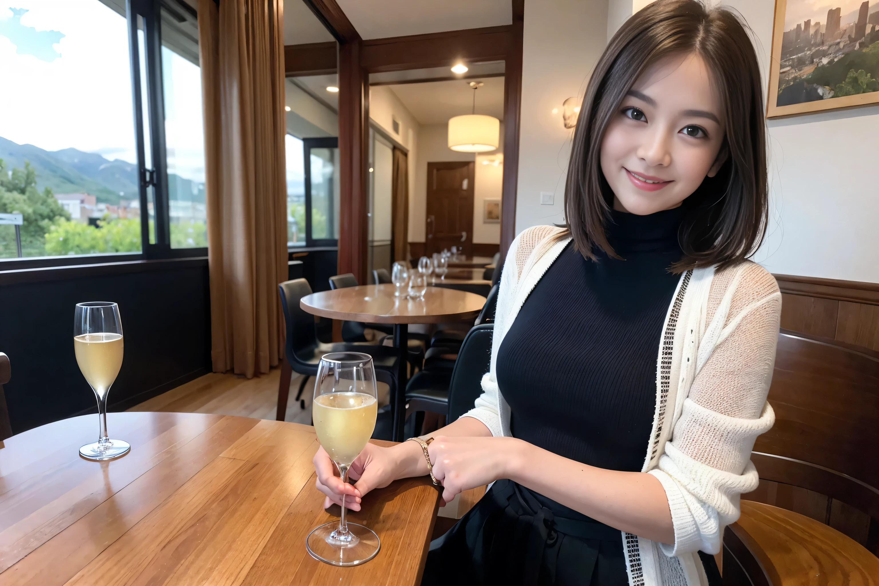 ((highest quality、8k、masterpiece:1.3))、1 male、1 female、Satomi Ishihara-like beautiful couple、Spouse、Couple、The body is slim、((Bob Hale、Straight hair:1.2)), (Realistic, Intricate details:1.2), Wine glass on the table、Shine light on your face、 Amazing view of the sunset sky and clouds、Amazing mountain views、A bright smile、The wonderfulness of smile、Bright image、The beauty of wine, Beautiful Face, blue eyes, The light shines on your face, Blushing, short hair,Bright Face、 (Age 37), "41 years old, red wine 、Appetizers、Italian food、Wine bottle、Champagne、sparkling wine、Two beauties、Brown Hair、Shortcuts、Long sleeve shirt、dress、Pretty Woman 1, (Slim face), (The body is slim), (Brown Hair), (Shortcuts), cheeks turn a little red,Attractive beauty、restaurant, In a prominent place (From the waist up) Nova Frog Style, actress, model, Upper Body, White wine, slim, wine glass, A wine glass placed in the center, smile, (smile: 1.15), Beautiful fine grain, Depth f/2,saturation, High Contrast, Strong light and shadow,Moist Body:1.5、3D texture、Delicate eyes、Brown Hair、The hair is very shiny、