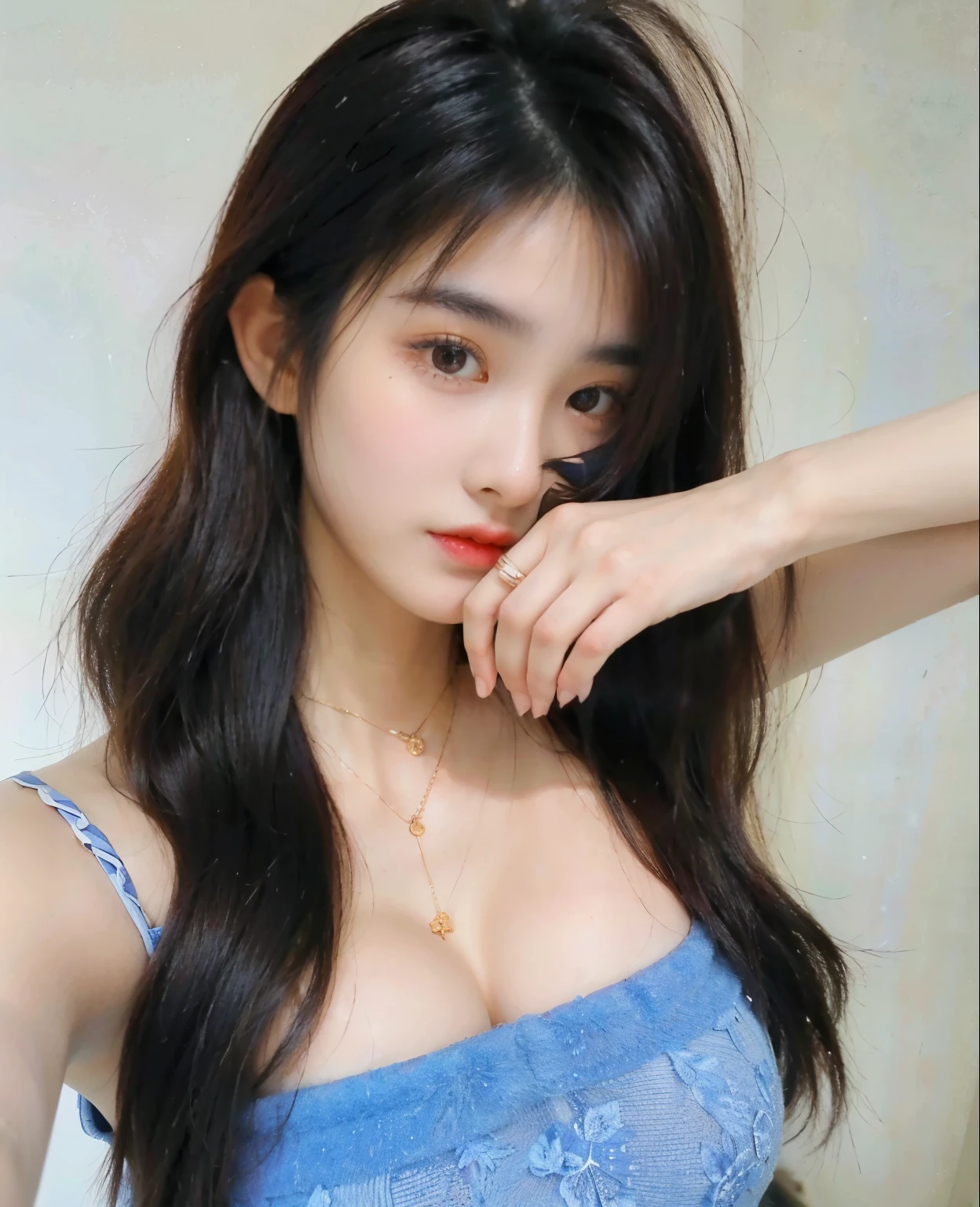 Close up of woman with long dark hair wearing blue dress, korean, linda mulher korean jovem, Mulher sul-korean bonita, Best Face, Beautiful asian girl, mulher korean jovem bonita, Asian features, woo sision, Jinyoung Canella, young cute white asian face, asian girl, Jenny Blackpink, asian girl, with long hair, Shentong Chen, Chinese, good quality