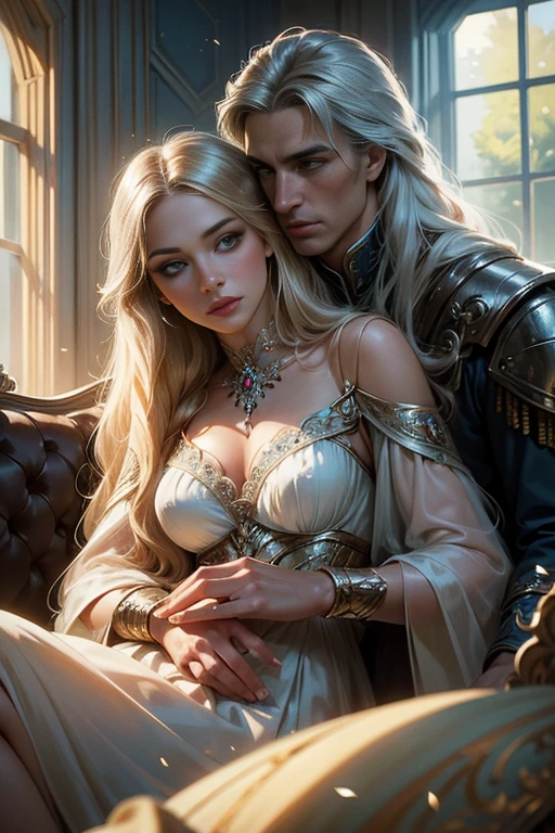 (masterpiece, highest quality, high resolution, 8k, difficulty: 1.2) photorealistic book cover in the genre of epic romantic fantasy, in the center of which a COUPLE (a man and a woman) is depicted. Spring romantic fantasy in the center stands a handsome, tall, statuesque, courageous young man-blond with long white hair, dressed in military uniform and silver armor, he hugs from behind a beautiful, incredibly beautiful young femme fatale with long golden hair, blue eyes, she is a princess, she is sad, proportional, gentle, shimmering, beautiful faces, she does not like him, he is unpleasant to her, daytime bokeh, fairy fairy, mysterious, bright spring color scheme, (Best quality, 8K, high resolution, Masterpiece: 1,2), Ultra-detailed (Realistic, Photorealistic, photorealistic-realistic: 1.37), Artistic design in a creative style, Historical, Classic, refined, many colors, High detail, soft lighting, luxurious furnishings, dress with details, bright flowers, exquisite jewelry, Unearthly atmosphere, Elegant pose, Graceful curves, Golden body proportions, Loose hair, Breathtaking textile patterns, Piercing blue eyes, Delicate floral decor, Dazzling set of crystal accessories, Mysterious and dreamy atmosphere, Impeccable attention to detail. detailed eyes, beautiful face, smoky eyes, 