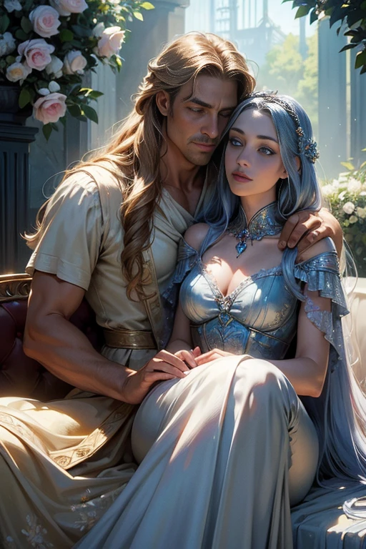 (masterpiece, highest quality, high resolution, 8k, difficulty: 1.2) photorealistic book cover in the genre of epic romantic fantasy, in the center of which a COUPLE (a man and a woman) is depicted. Spring romantic fantasy in the center stands a handsome, tall, statuesque, courageous young man-blond with long white hair, dressed in military uniform and silver armor, he hugs from behind a beautiful, incredibly beautiful young femme fatale with long golden hair, blue eyes, she is a princess, she is sad, proportional, gentle, shimmering, beautiful faces, she does not like him, he is unpleasant to her, daytime bokeh, fairy fairy, mysterious, bright spring color scheme, (Best quality, 8K, high resolution, Masterpiece: 1,2), Ultra-detailed (Realistic, Photorealistic, photorealistic-realistic: 1.37), Artistic design in a creative style, Historical, Classic, refined, many colors, High detail, soft lighting, luxurious furnishings, dress with details, bright flowers, exquisite jewelry, Unearthly atmosphere, Elegant pose, Graceful curves, Golden body proportions, Loose hair, Breathtaking textile patterns, Piercing blue eyes, Delicate floral decor, Dazzling set of crystal accessories, Mysterious and dreamy atmosphere, Impeccable attention to detail. detailed eyes, beautiful face, smoky eyes, 