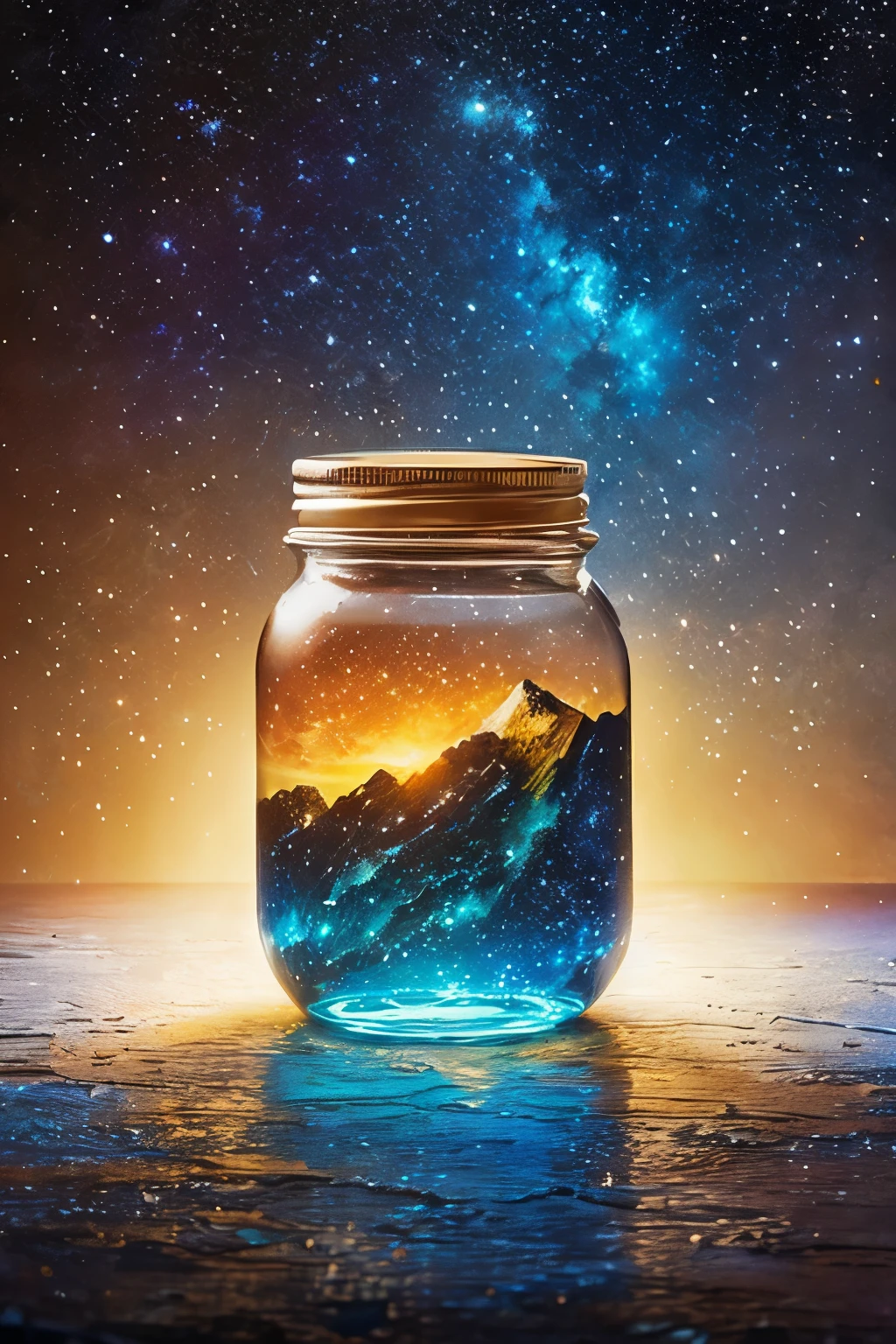 masterpiece、top-quality、(Very delicate and beautiful starry sky landscape trapped in a jar)、world masterpiece theater、high-resolutionisometric、top-quality、illustratio、Impasto、canvas、an oil painting、realism、realisitic