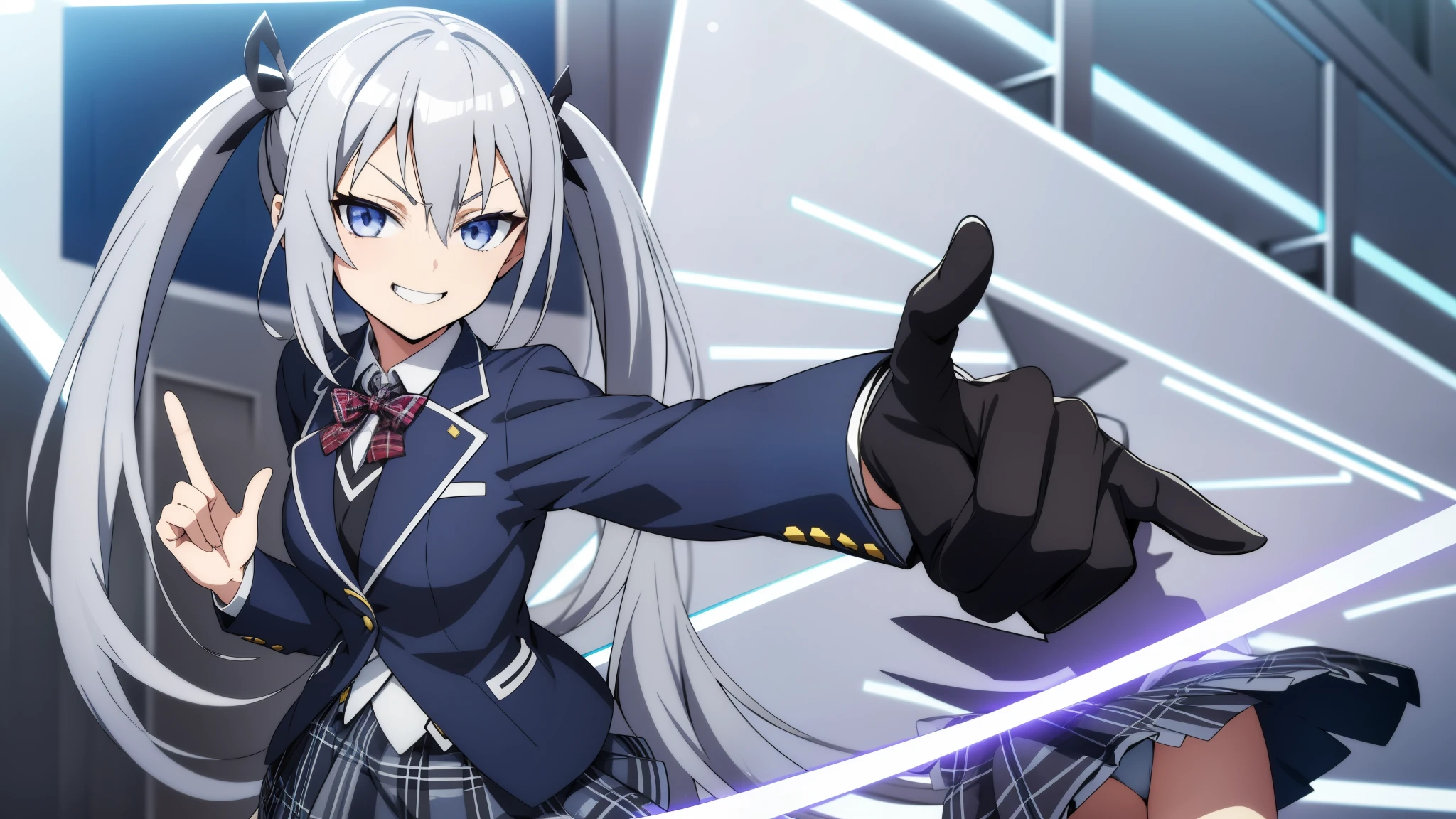 1girl, anime girl, silver hair, long twintails, silver eyes, dark blue school suit, plaid skirt, full white background, looks at viewer, smirking smile showing teeth, ☝️ index finger pointing up