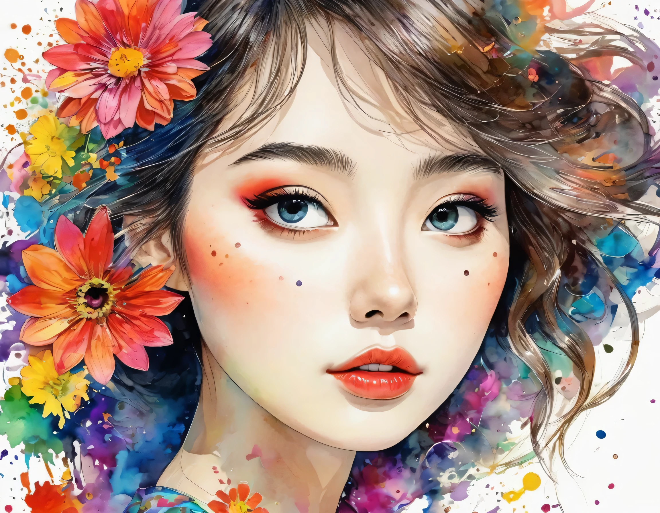 Hayao Miyazaki Style、(((stylish fashion))), 8K Quality、Intense watercolor, Detailed watercolor art, Watercolor splash, Surreal, avant-garde pop art, Beautiful and expressive paintings, Beautiful artwork illustration, Very colorful tones, wonderful, Cool beauty, highest quality、Official Art, Vector art, Stylish design, (((The most beautiful girl))), (((highest quality))), HDR, ((detailed)), (((Doodle Art)), ((masterpiece)), ((Super detailed)), (((Colorful flowers))),(((Stylish)))