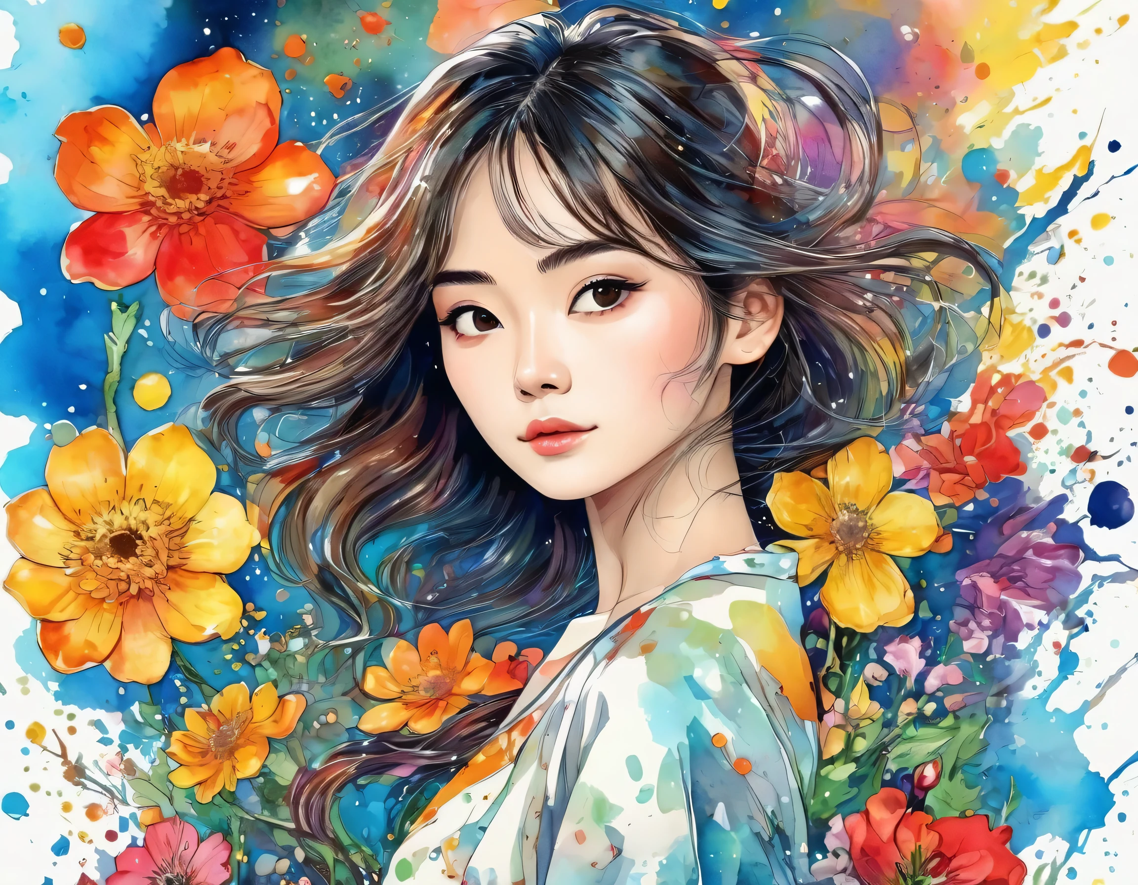 Hayao Miyazaki Style、(((stylish fashion))), 8K Quality、Intense watercolor, Detailed watercolor art, Watercolor splash, Surreal, avant-garde pop art, Beautiful and expressive paintings, Beautiful artwork illustration, Very colorful tones, wonderful, Cool beauty, highest quality、Official Art, Vector art, Stylish design, (((The most beautiful girl))), (((highest quality))), HDR, ((detailed)), (((Doodle Art)), ((masterpiece)), ((Super detailed)), (((Colorful flowers))),(((Stylish)))