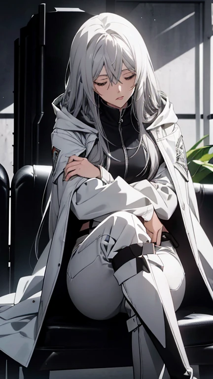 (Confused, High resolution, Very detailed), 1 female, Silver Hair,Long Hair,Black and white pilot suit,white hooded coat,Black Pants,Knee-high boots,24th generation,beauty,mature,thin,quiet,Calm,Sleeping,Sitting cross-legged,conference room,sofa