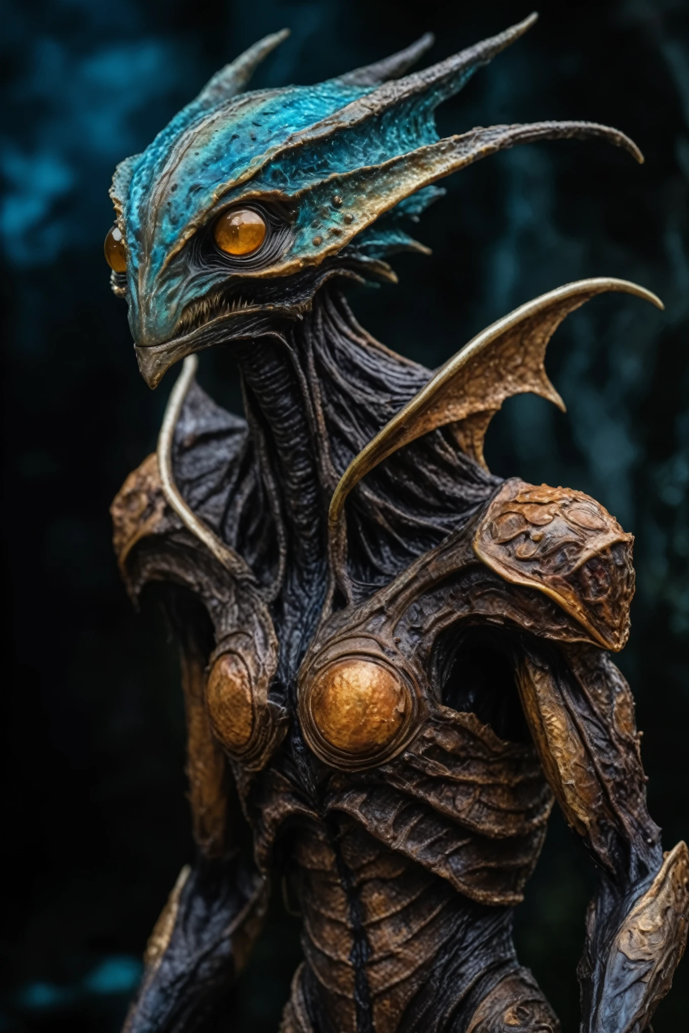 full-body-shot,niobium Manganite (The Alien Entity:Caribbean:0.5), wants eat,survival in Tirnanoc,Cinematic,soft colors, Technicolor,natural skin textures, hyper realism, hyper detailed,Extremely detailed,High contrast,Masterpiece,Realistic,Ultra Detailed, intricate details,realistic humid leather,extremely intricate,Epic Realistic, cinematic style,irina yermolova,high contrast,HDR,extremely detailed, [deep night landscape],masterpiece,intricate details,faded,eyes extremely detailed, high detailed eyes,8k resolution,RAW,retina, Nikon Z9,Puck 