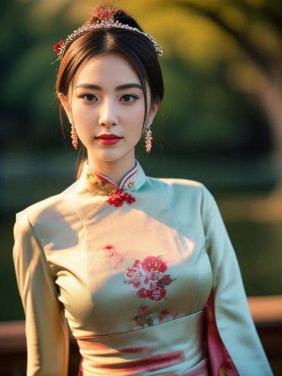 Close-up of a woman wearing a red and green dress, traditional makeup, traditional chinese, Chinese woman, Chinese princess, Chinese style, Inspiration from granddaughter, Empress of China, oriental face, Chinese girl, Chinese heritage, Beautiful Asian face, traditional beauty, Asian face, beautiful oriental woman, Popular Korean cosmetics, The detailed face of an Asian girl, traditional chinese clothing