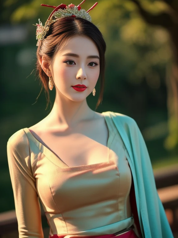 Close-up of a woman wearing a red and green dress, traditional makeup, traditional chinese, Chinese woman, Chinese princess, Chinese style, Inspiration from granddaughter, Empress of China, oriental face, Chinese girl, Chinese heritage, Beautiful Asian face, traditional beauty, Asian face, beautiful oriental woman, Popular Korean cosmetics, The detailed face of an Asian girl, traditional chinese clothing