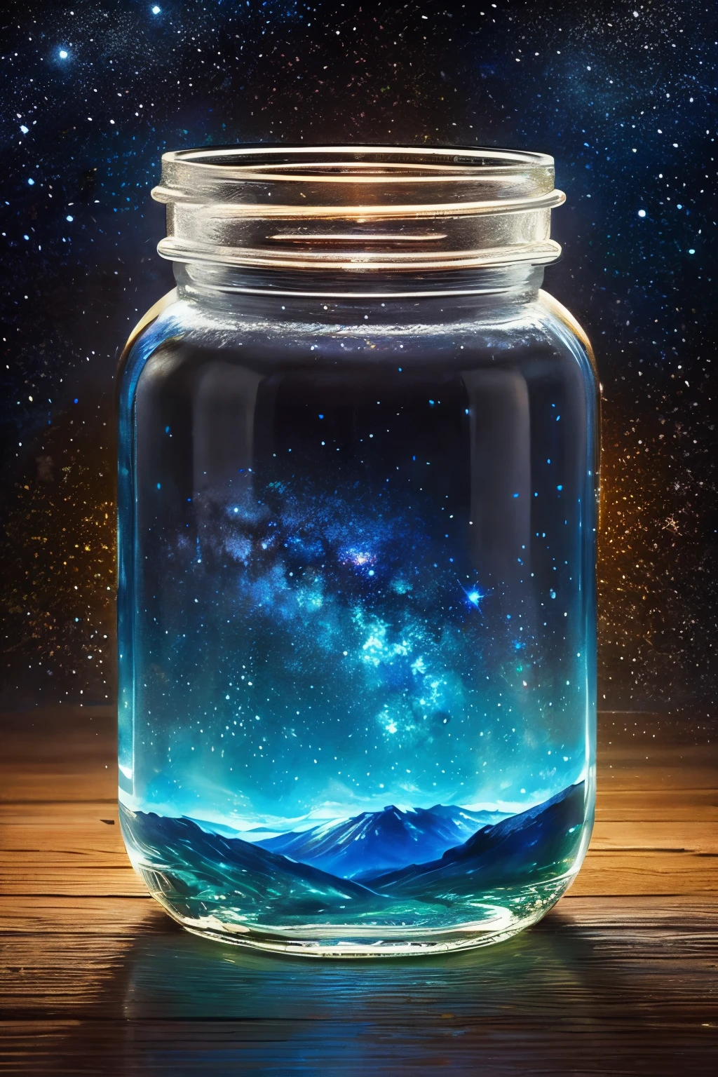 ​masterpiece、top-quality、（Very delicate and beautiful starry sky landscape trapped in a jar）、world masterpiece theater、high-resolutionisometric、top-quality、illustratio、Impasto、canvas、an oil painting、realism、realisitic