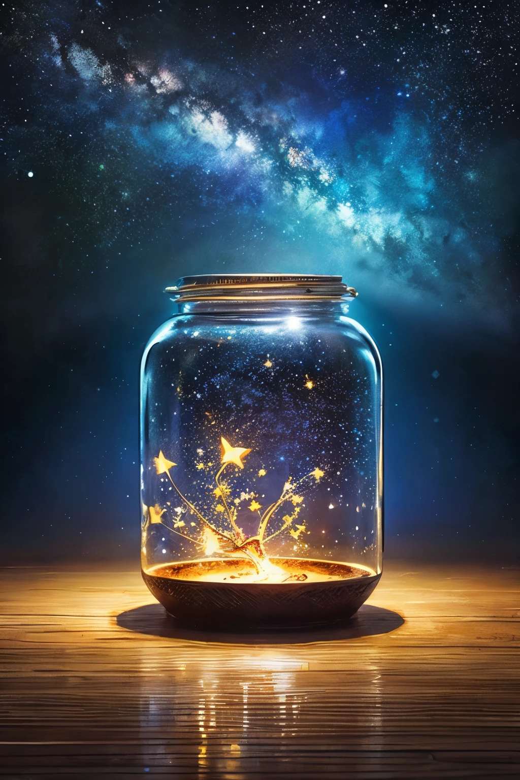 masterpiece、top-quality、(Very delicate and beautiful starry sky landscape trapped in a jar)、world masterpiece theater、high-resolutionisometric、top-quality、illustratio、Impasto、canvas、an oil painting、realism、realisitic