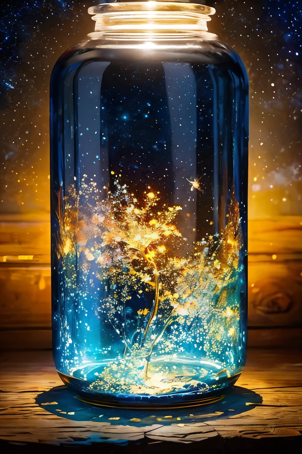 ​masterpiece、top-quality、（Very delicate and beautiful starry sky landscape trapped in a jar）、world masterpiece theater、high-resolutionisometric、top-quality、illustratio、Impasto、canvas、an oil painting、realism、realisitic