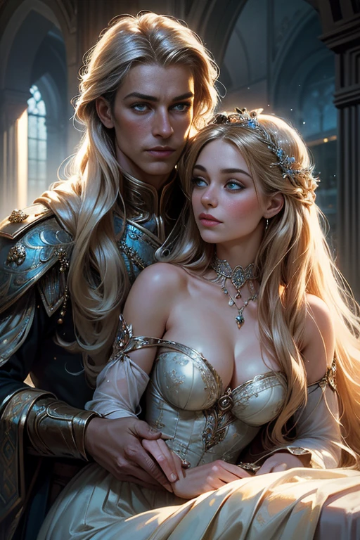 (masterpiece, highest quality, high resolution, 8k, difficulty: 1.2) photorealistic book cover in the genre of epic romantic fantasy, in the center of which a COUPLE (a man and a woman) is depicted. Spring romantic fantasy in the center stands a handsome, tall, statuesque, courageous young man-blond with long white hair, dressed in military uniform and silver armor, he hugs from behind a beautiful, incredibly beautiful young femme fatale with long golden hair, blue eyes, she is a princess, she is sad, proportional, gentle, shimmering, beautiful faces, she does not like him, he is unpleasant to her, daytime bokeh, fairy fairy, mysterious, bright spring color scheme, (Best quality, 8K, high resolution, Masterpiece: 1,2), Ultra-detailed (Realistic, Photorealistic, photorealistic-realistic: 1.37), Artistic design in a creative style, Historical, Classic, refined, many colors, High detail, soft lighting, luxurious furnishings, dress with details, bright flowers, exquisite jewelry, Unearthly atmosphere, Elegant pose, Graceful curves, Golden body proportions, Loose hair, Breathtaking textile patterns, Piercing blue eyes, Delicate floral decor, Dazzling set of crystal accessories, Mysterious and dreamy atmosphere, Impeccable attention to detail. detailed eyes, beautiful face, smoky eyes.