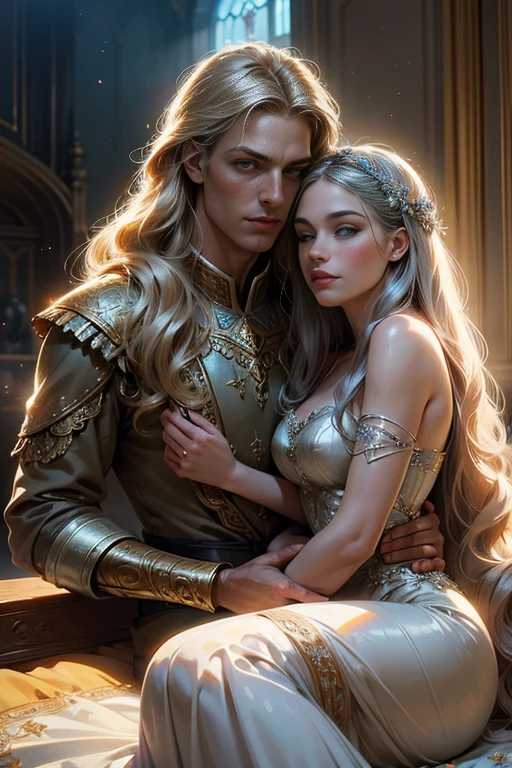 (masterpiece, highest quality, high resolution, 8k, difficulty: 1.2) photorealistic book cover in the genre of epic romantic fantasy, in the center of which a COUPLE (a man and a woman) is depicted. Spring romantic fantasy in the center stands a handsome, tall, statuesque, courageous young man-blond with long white hair, dressed in military uniform and silver armor, he hugs from behind a beautiful, incredibly beautiful young femme fatale with long golden hair, blue eyes, she is a princess, she is sad, proportional, gentle, shimmering, beautiful faces, she does not like him, he is unpleasant to her, daytime bokeh, fairy fairy, mysterious, bright spring color scheme, (Best quality, 8K, high resolution, Masterpiece: 1,2), Ultra-detailed (Realistic, Photorealistic, photorealistic-realistic: 1.37), Artistic design in a creative style, Historical, Classic, refined, many colors, High detail, soft lighting, luxurious furnishings, dress with details, bright flowers, exquisite jewelry, Unearthly atmosphere, Elegant pose, Graceful curves, Golden body proportions, Loose hair, Breathtaking textile patterns, Piercing blue eyes, Delicate floral decor, Dazzling set of crystal accessories, Mysterious and dreamy atmosphere, Impeccable attention to detail. detailed eyes, beautiful face, smoky eyes.