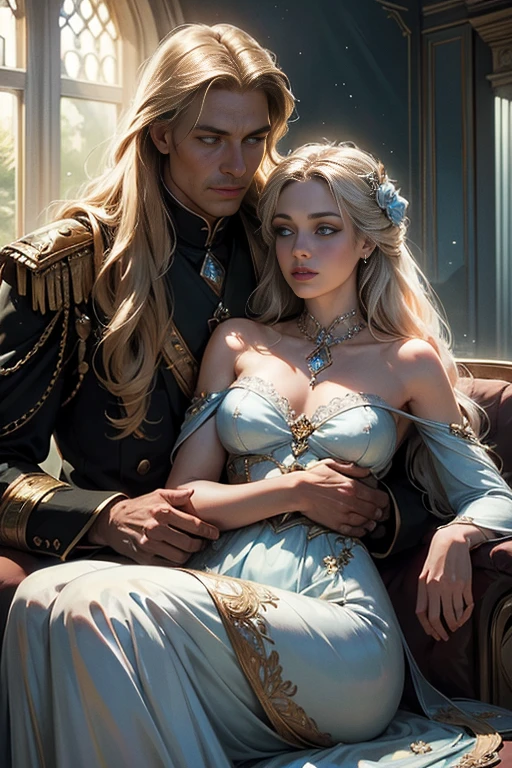 (masterpiece, highest quality, high resolution, 8k, difficulty: 1.2) photorealistic book cover in the genre of epic romantic fantasy, in the center of which a COUPLE (a man and a woman) is depicted. Spring romantic fantasy in the center stands a handsome, tall, statuesque, courageous young man-blond with long white hair, dressed in military uniform and silver armor, he hugs from behind a beautiful, incredibly beautiful young femme fatale with long golden hair, blue eyes, she is a princess, she is sad, proportional, gentle, shimmering, beautiful faces, she does not like him, he is unpleasant to her, daytime bokeh, fairy fairy, mysterious, bright spring color scheme, (Best quality, 8K, high resolution, Masterpiece: 1,2), Ultra-detailed (Realistic, Photorealistic, photorealistic-realistic: 1.37), Artistic design in a creative style, Historical, Classic, refined, many colors, High detail, soft lighting, luxurious furnishings, dress with details, bright flowers, exquisite jewelry, Unearthly atmosphere, Elegant pose, Graceful curves, Golden body proportions, Loose hair, Breathtaking textile patterns, Piercing blue eyes, Delicate floral decor, Dazzling set of crystal accessories, Mysterious and dreamy atmosphere, Impeccable attention to detail. detailed eyes, beautiful face, smoky eyes.