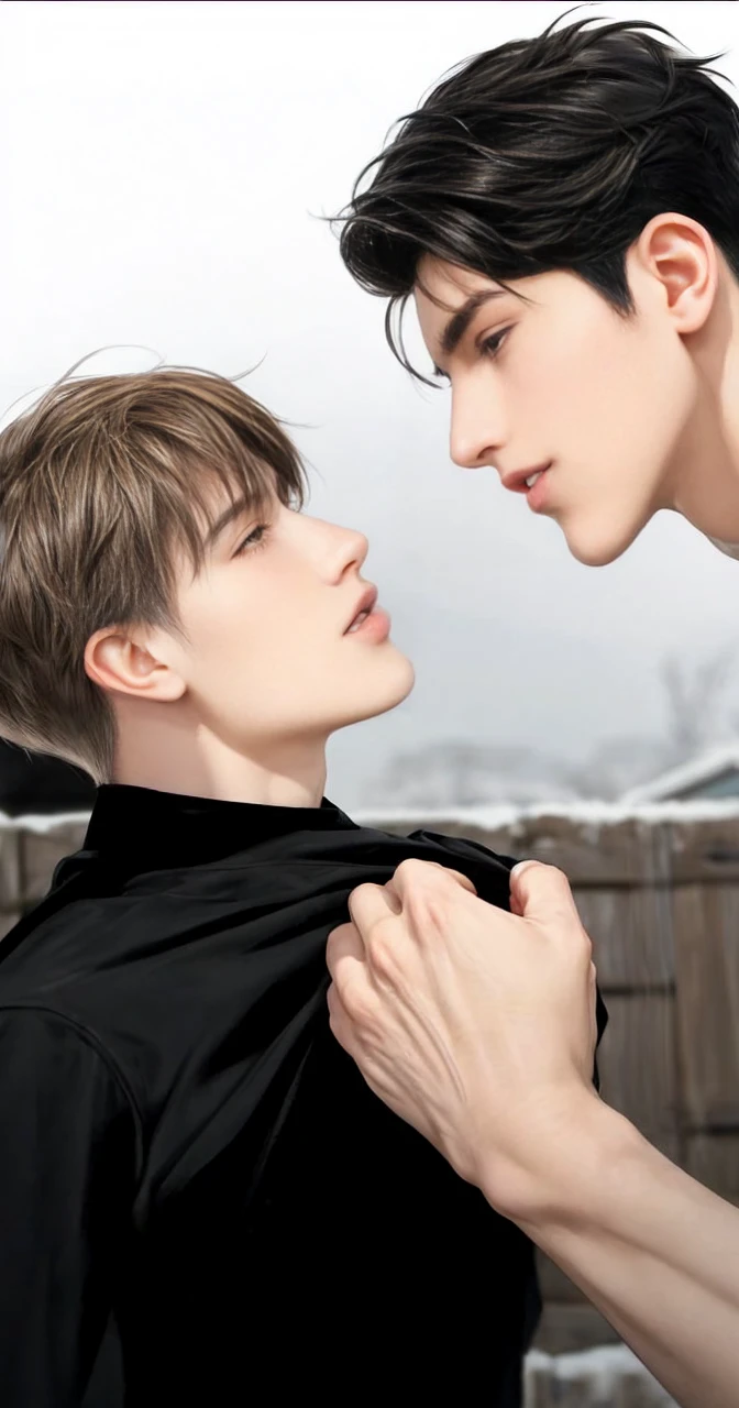 masterpiece, 2boy, young, handsome, black hair, Brown hair, undercut hair, perfect face, detailed eyes and face,black eyes, clean shaved, muscular, capturing a rural atmosphere, dynamic lighting, unreal engine 5