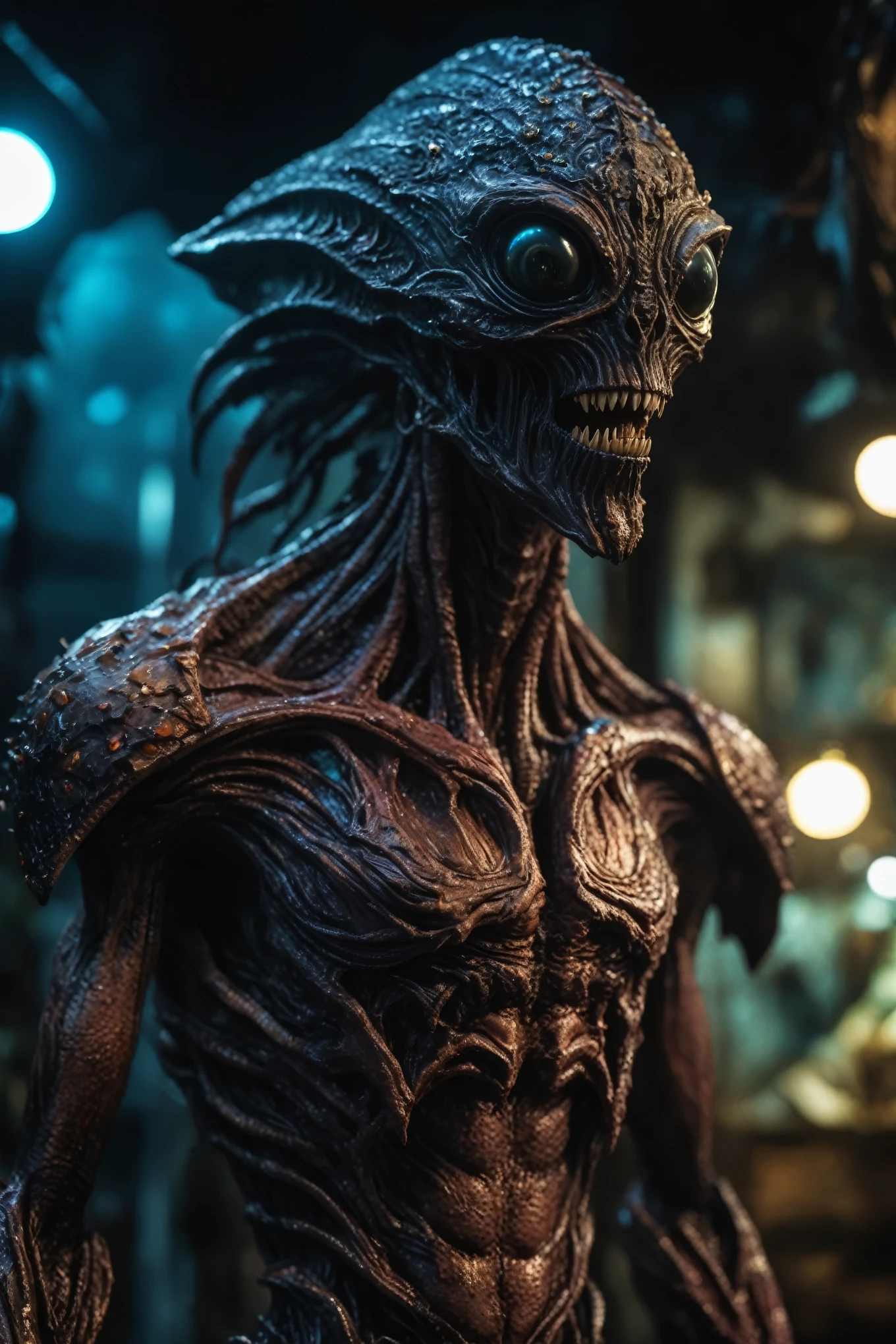 full-body-shot,niobium Manganite (The Alien Entity:Caribbean:0.5), wants eat,survival in Tirnanoc,Cinematic,soft colors, Technicolor,natural skin textures, hyper realism, hyper detailed,Extremely detailed,High contrast,Masterpiece,Realistic,Ultra Detailed, intricate details,realistic humid leather,extremely intricate,Epic Realistic, cinematic style,irina yermolova,high contrast,HDR,extremely detailed, [deep night landscape],masterpiece,intricate details,faded,eyes extremely detailed, high detailed eyes,8k resolution,RAW,retina, Nikon Z9,Puck 