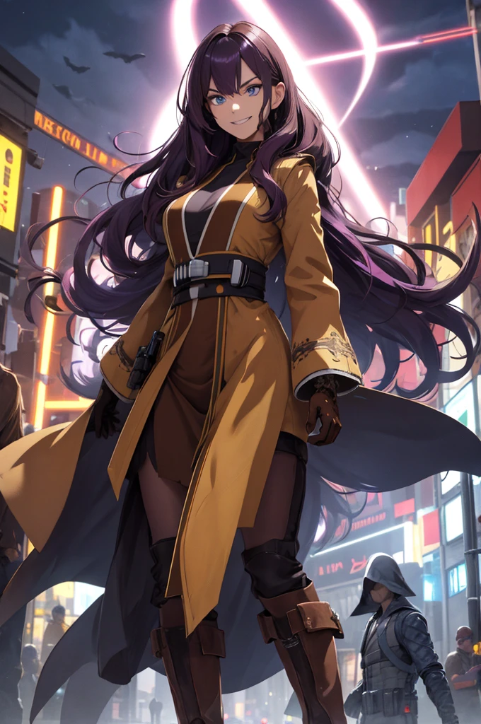 (absurdres, highres, ultra detailed), 1woman, mature female, wavy long hair, dark purple hair, blue eyes, pink skin, bangs, long sleeves, detailed eyes, detailed hands, extremely detailed, brown gloves, high boots, brown robe, looking at viewer, solo, full body shot, detailed background, detailed face, cyber theme, wind swirling, city background, yellow lightsaber, future tech, sexy facial expression (Smile with eyes),
