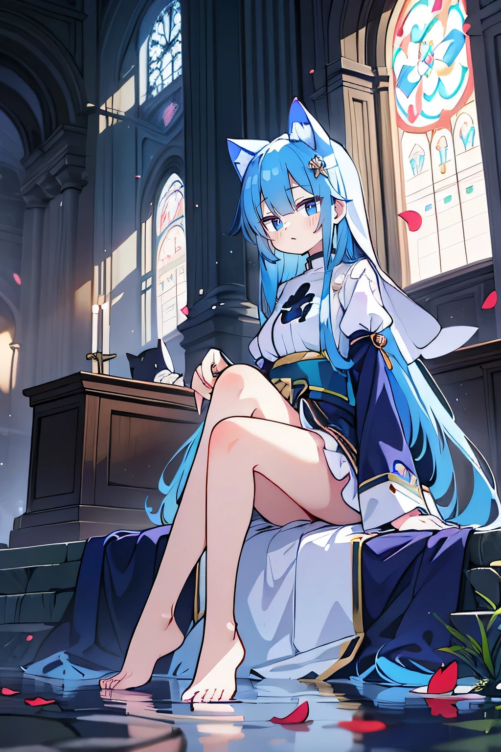 (masterpiece:1.2),Extremely detailed,Practical,expressive eyes,Fair skin,Perfect face shaping,1 Girl,
Japanese cartoons,Gorgeous blue hair, the long flowing blue hair,Floating clothes,Cat ears,Petals fall,beautiful lola,Young Angel,
Place your hands on your waist,sit elegantly on the ground,Cross your legs,Gentle and peaceful background,church,Nun's Clothes,back view,lie on the water.