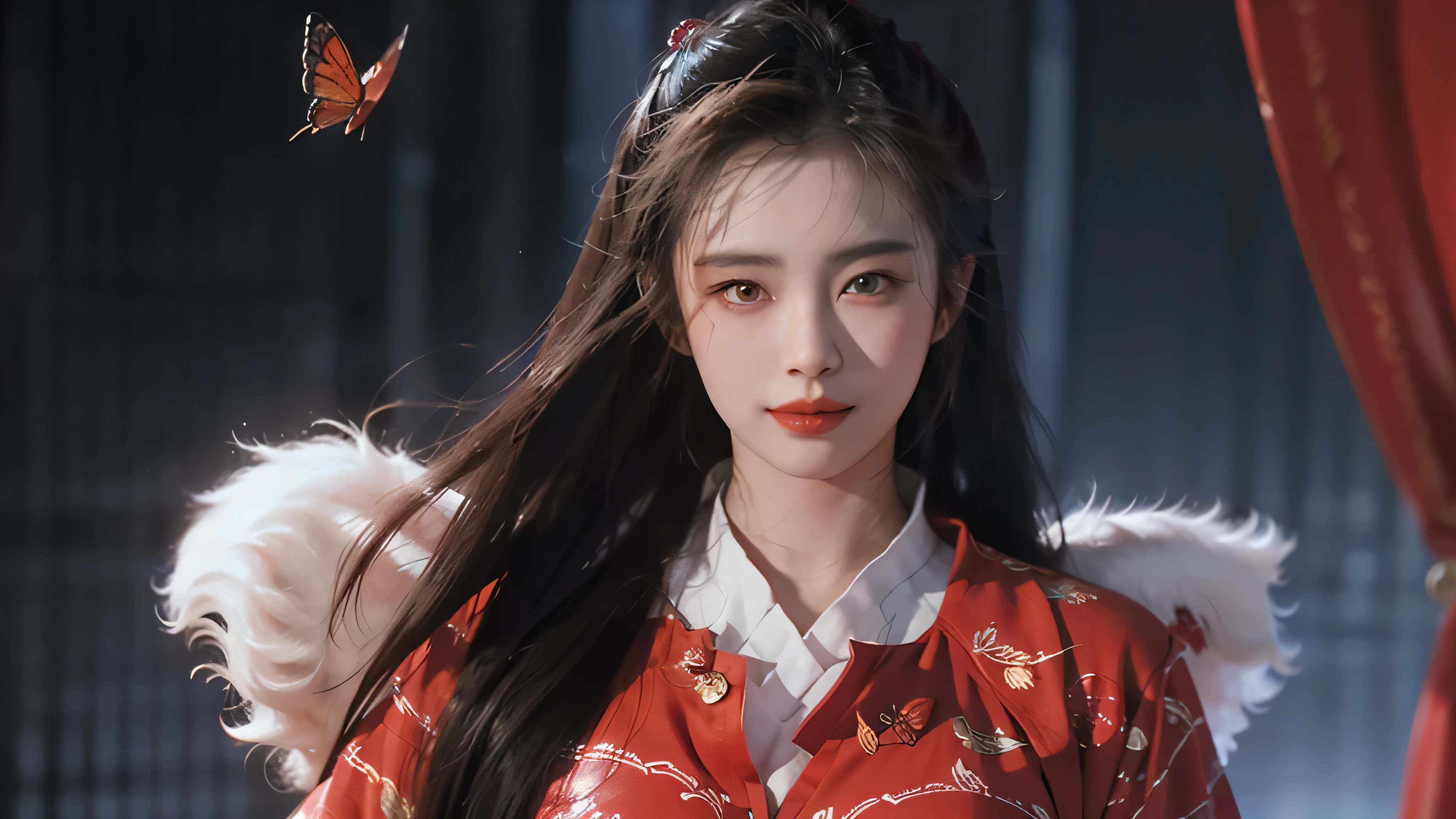 niexiaoqian,wangzuxian,
Realistic,Masterpiece,30 - year - old,Red clothes,dress flying,as if a blood-red butterfly,such as ink long hair flying with the wind,amazing,The glistening eyes,the blush on the face,and the lack of blood on the lips,added a little tenderness and brightened the eyes,(photo realistic:1.3),Edge lighting,(high-detail skin:1.2),8K ultra-hd,DSLR,high quality,high resolution,8K,winter hanfu,fur collar,(looking_at_viewer),smile,light master,32k UHD,chinese girls,full_body,dynamic angle,, best quality , masterpiece, illustration, an extremely delicate and beautiful, extremely detailed ,CG,unity,8k wallpaper, Amazing, finely detail, masterpiece, best quality,official art,extremely detailed CG unity 8k wallpaper,absurdres, incredibly absurdres, huge filesize , ultra-detailed, highres, extremely detailed,beautiful detailed girl, extremely detailed eyes and face, beautiful detailed eyes,light on face,