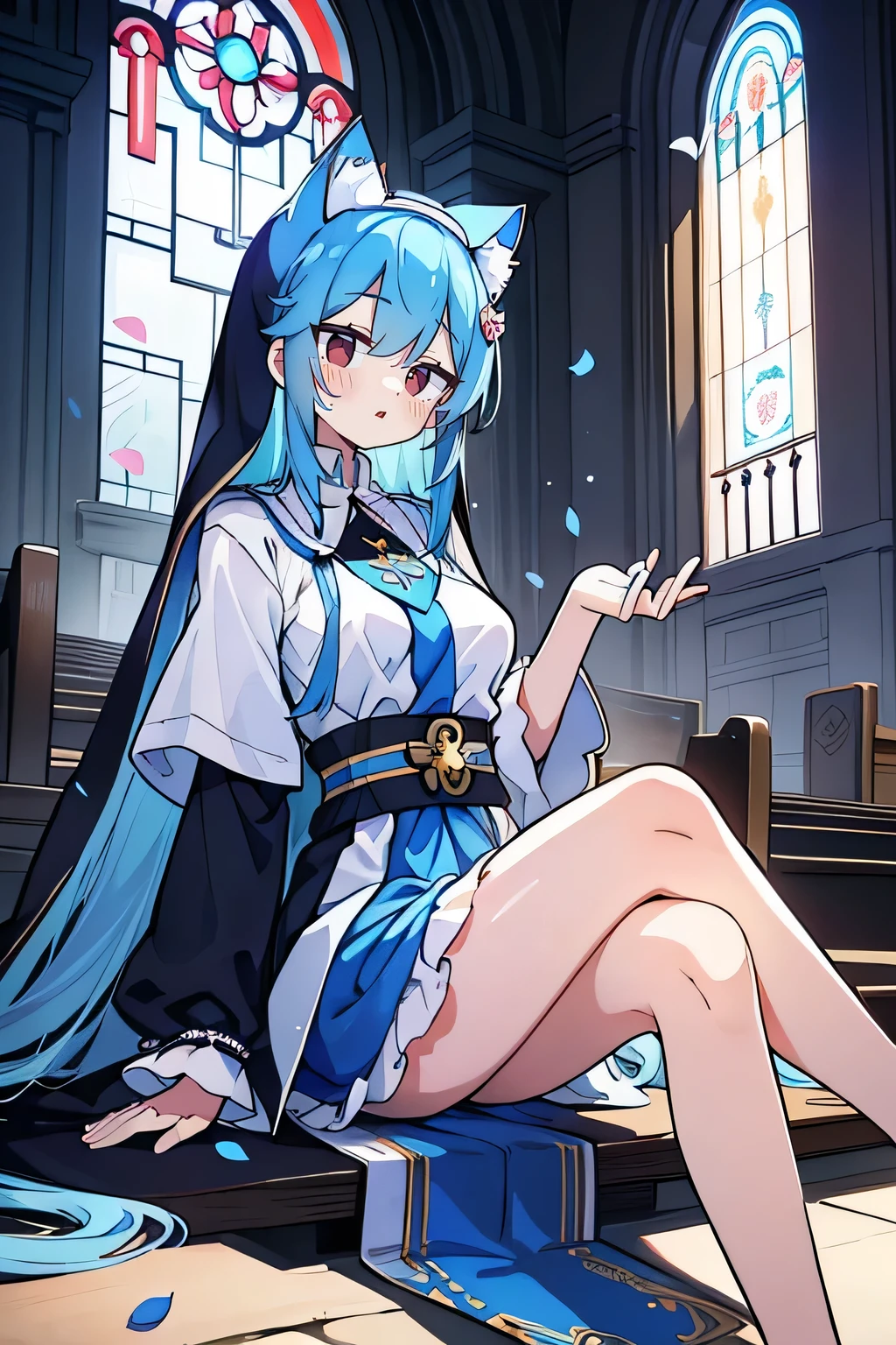 (masterpiece:1.2),Extremely detailed,Practical,expressive eyes,Fair skin,Perfect face shaping,1 Girl,
Japanese cartoons,Gorgeous blue hair, the long flowing blue hair,Floating clothes,Cat ears,Petals fall,beautiful lola,Young Angel,
Place your hands on your waist,sit elegantly on the ground,Cross your legs,Gentle and peaceful background,church,Nun&#39;s Clothes,back view,lie on the water. 