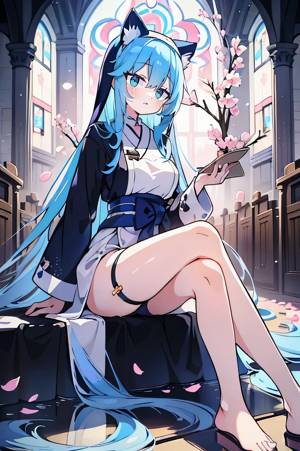 (masterpiece:1.2),Extremely detailed,Practical,expressive eyes,Fair skin,Perfect face shaping,1 Girl,
Japanese cartoons,Gorgeous blue hair, the long flowing blue hair,Floating clothes,Cat ears,Petals fall,beautiful lola,Young Angel,
Place your hands on your waist,sit elegantly on the ground,Cross your legs,Gentle and peaceful background,church,Nun&#39;s Clothes,back view,lie on the water. 