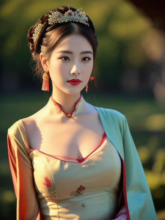Close-up of a woman wearing a red and green dress, traditional makeup, traditional chinese, Chinese woman, Chinese princess, Chinese style, Inspiration from granddaughter, Empress of China, oriental face, Chinese girl, Chinese heritage, Beautiful Asian face, traditional beauty, Asian face, beautiful oriental woman, Popular Korean cosmetics, The detailed face of an Asian girl, traditional chinese clothing