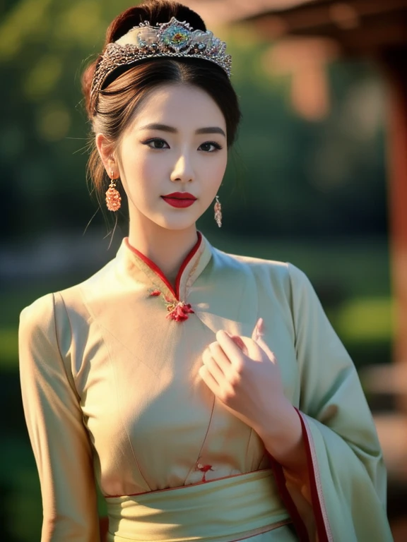 Close-up of a woman wearing a red and green dress, traditional makeup, traditional chinese, Chinese woman, Chinese princess, Chinese style, Inspiration from granddaughter, Empress of China, oriental face, Chinese girl, Chinese heritage, Beautiful Asian face, traditional beauty, Asian face, beautiful oriental woman, Popular Korean cosmetics, The detailed face of an Asian girl, traditional chinese clothing