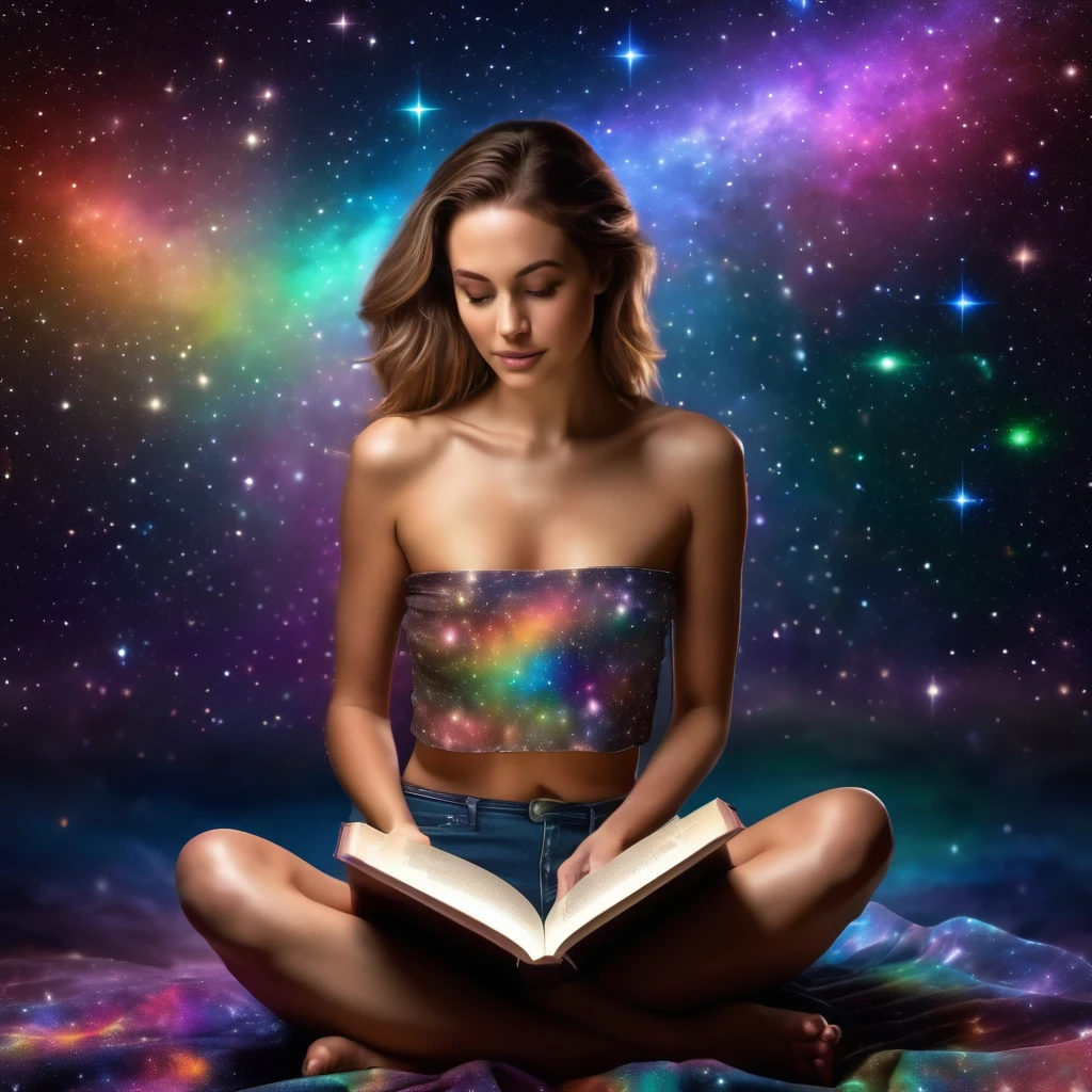 realistic photography of a topless woman sitting in the stars and reading a colored shining book, rainbow colored cosmic nebula sky background, stars, galaxies, high detailed, UHD