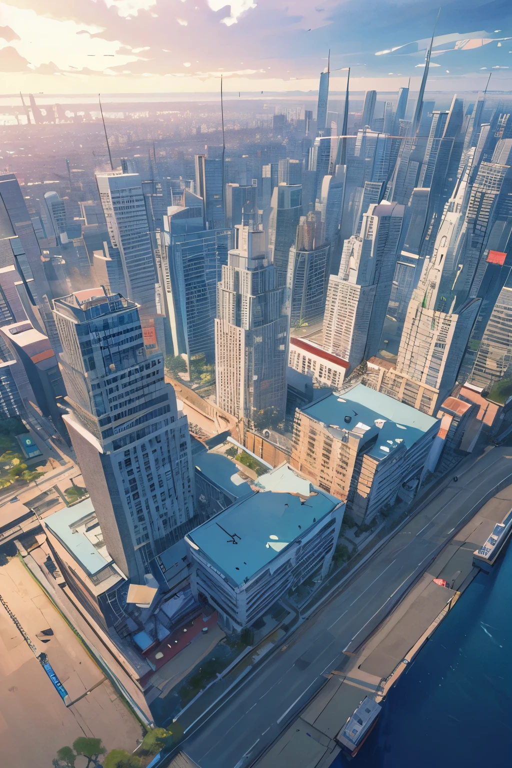 ((best quality)), ((masterpiece)), (detailed), perfect face, stunning aerial shot of a bustling anime cityscape merging Japanese and Thai architectural styles with blue archive game inspiration