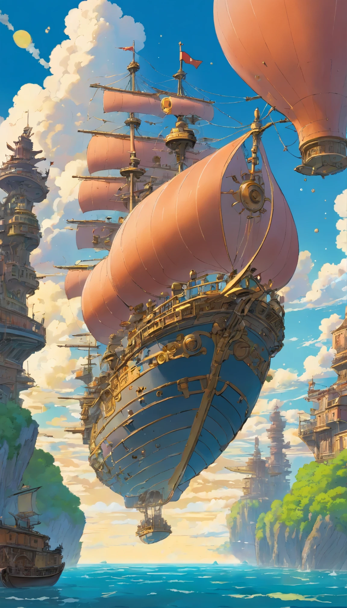 Huge, intricately detailed ships with a touch of old-fashioned charm、An unmistakable work by Moebius Jean-Giraud、worthy of the name「Sky City Ship」。This magnificent, towering, fantastical floating metropolis、It weaves the tale of an ancient civilization lost to time and treasure.。A rich display of Gothic architecture、An encounter with steampunk ingenuity、Inspire a sense of awe as you tread the line between the realms of reality and fantasy。 In the sky、Complex gears spinning、Animate the ship's rigging、Leaves a trail of sparkling stardust as it spins。