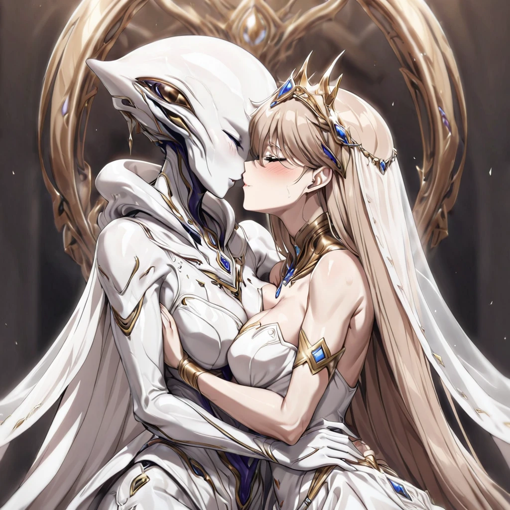 ((highest quality)), ((masterpiece)), (detailed), (Perfect Face)、(The woman is a beautiful and seductive pure white alien queen named Princess Leona, who is of the same species as an alien and has an alien body, but is pure white, with light brown long straight hair, a slender body, but with normal breasts, and is wearing a gorgeous alien wedding dress and alien wedding veil, as well as alien decorations.)、The woman snuggles up to an adult female alien in the alien nest, they embrace and make love, kiss each other, and then they have a wedding ceremony and get married.、A beautiful, adult, elegant, pure white female alien with a beautiful and seductive body that resembles that of an adult alien woman is smiling and embracing the woman she loves in an alien wedding dress.、The woman and the adult female alien get close to each other, embrace, kiss each other, make love, and get married.