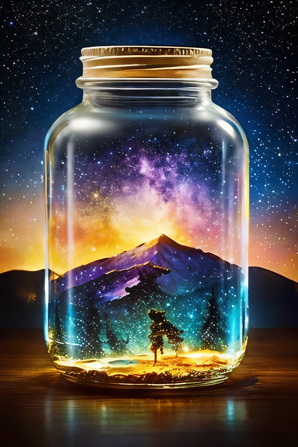 masterpiece、top-quality、(Very delicate and beautiful starry sky landscape trapped in a jar)、world masterpiece theater、high-resolutionisometric、top-quality、illustratio、Impasto、canvas、an oil painting、realism、realisitic