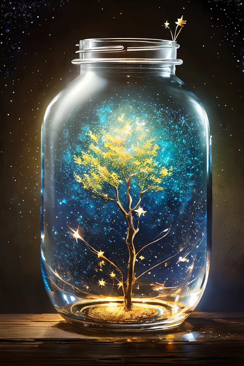 ​masterpiece、top-quality、（Very delicate and beautiful starry sky landscape trapped in a jar）、world masterpiece theater、high-resolutionisometric、top-quality、illustratio、Impasto、canvas、an oil painting、realism、realisitic