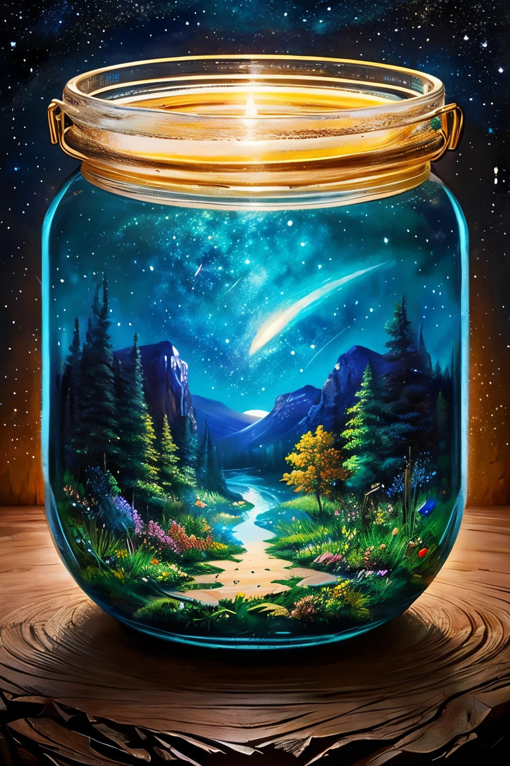 masterpiece、top-quality、(Very delicate and beautiful starry sky landscape trapped in a jar)、world masterpiece theater、high-resolutionisometric、top-quality、illustratio、Impasto、canvas、an oil painting、realism、realisitic