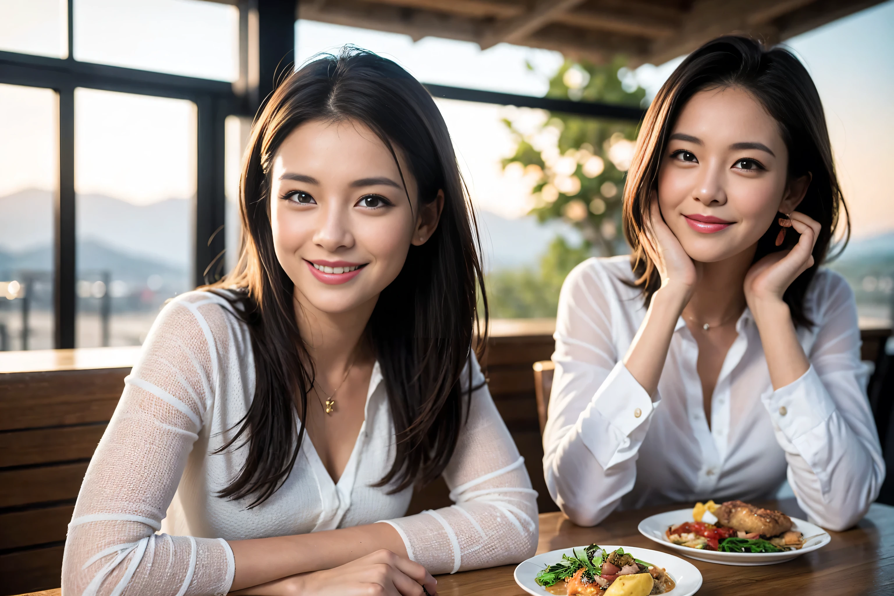 ((highest quality、8k、masterpiece:1.3))、1 male、1 female、Satomi Ishihara-like beautiful couple、Spouse、Couple、The body is slim、((Bob Hale、Straight hair:1.2)), (Realistic, Intricate details:1.2), Wine glass on the table、Shine light on your face、 Amazing view of the sunset sky and clouds、Amazing mountain views、A bright smile、The wonderfulness of smile、Bright image、The beauty of wine, Beautiful Face, blue eyes, The light shines on your face, Blushing, short hair,Bright Face、 (Age 37), "41 years old, red wine 、Appetizers、Italian food、Wine bottle、Champagne、sparkling wine、Two beauties、Brown Hair、Shortcuts、Long sleeve shirt、dress、Pretty Woman 1, (Slim face), (The body is slim), (Brown Hair), (Shortcuts), cheeks turn a little red,Attractive beauty、restaurant, In a prominent place (From the waist up) Nova Frog Style, actress, model, Upper Body, White wine, slim, wine glass, A wine glass placed in the center, smile, (smile: 1.15), Beautiful fine grain, Depth f/2,saturation, High Contrast, Strong light and shadow,Moist Body:1.5、3D texture、Delicate eyes、Brown Hair、The hair is very shiny、