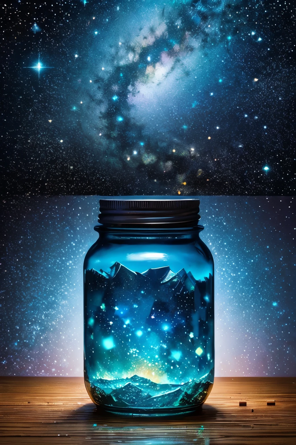 ​masterpiece、top-quality、（Very delicate and beautiful starry sky landscape trapped in a jar）、world masterpiece theater、high-resolutionisometric、top-quality、illustratio、Impasto、canvas、an oil painting、realism、realisitic