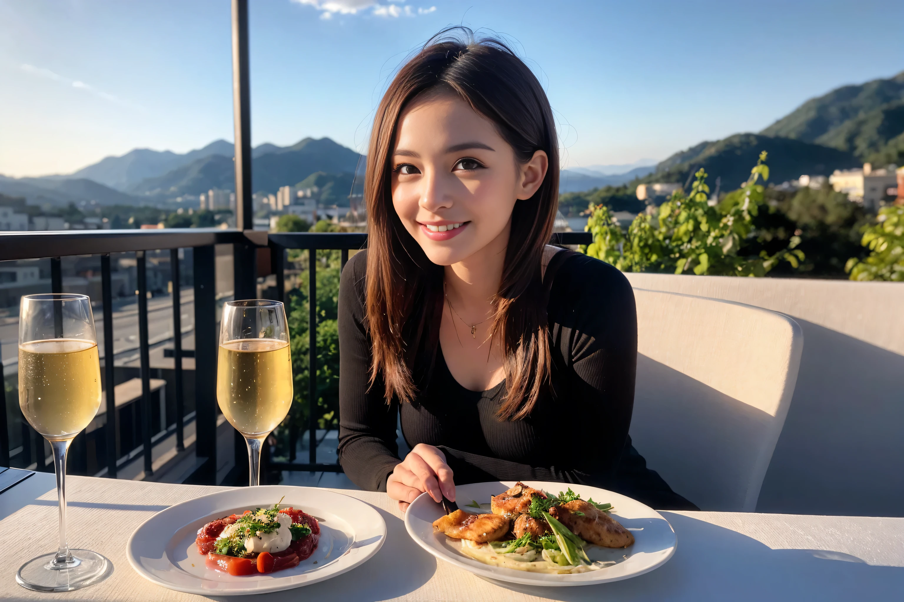 ((highest quality、8k、masterpiece:1.3))、1 male、1 female、Couple、Spouse、Satomi Ishihara-like beautiful couple、The body is slim、((Bob Hale、Straight hair:1.2)), (Realistic, Intricate details:1.2), Wine glass on the table、Put the light on your face、 Amazing view of the sunset sky and clouds、Amazing mountain views、A bright smile、The wonderfulness of smile、Bright image、The beauty of wine, Beautiful Face, blue eyes, The light shines on your face, Blushing, short hair,Bright Face、 (43 years old), 39 years old, red wine 、Appetizers、Italian food、Wine bottle、Champagne、sparkling wine、Two beauties、Brown Hair、Shortcuts、Long sleeve shirt、dress、Pretty Woman 1, (Slim face), (The body is slim), (Brown Hair), (Shortcuts), cheeks turn a little red,Attractive beauty、restaurant, In a prominent place (From the waist up) Nova Frog Style, actress, model, Upper Body, White wine, slim, wine glass, A wine glass placed in the center, smile, (smile: 1.15), Beautiful fine grain, Depth f/2,saturation, High Contrast, Strong light and shadow,Moist Body:1.5、3D texture、Delicate eyes、Brown Hair、The hair is very shiny、
