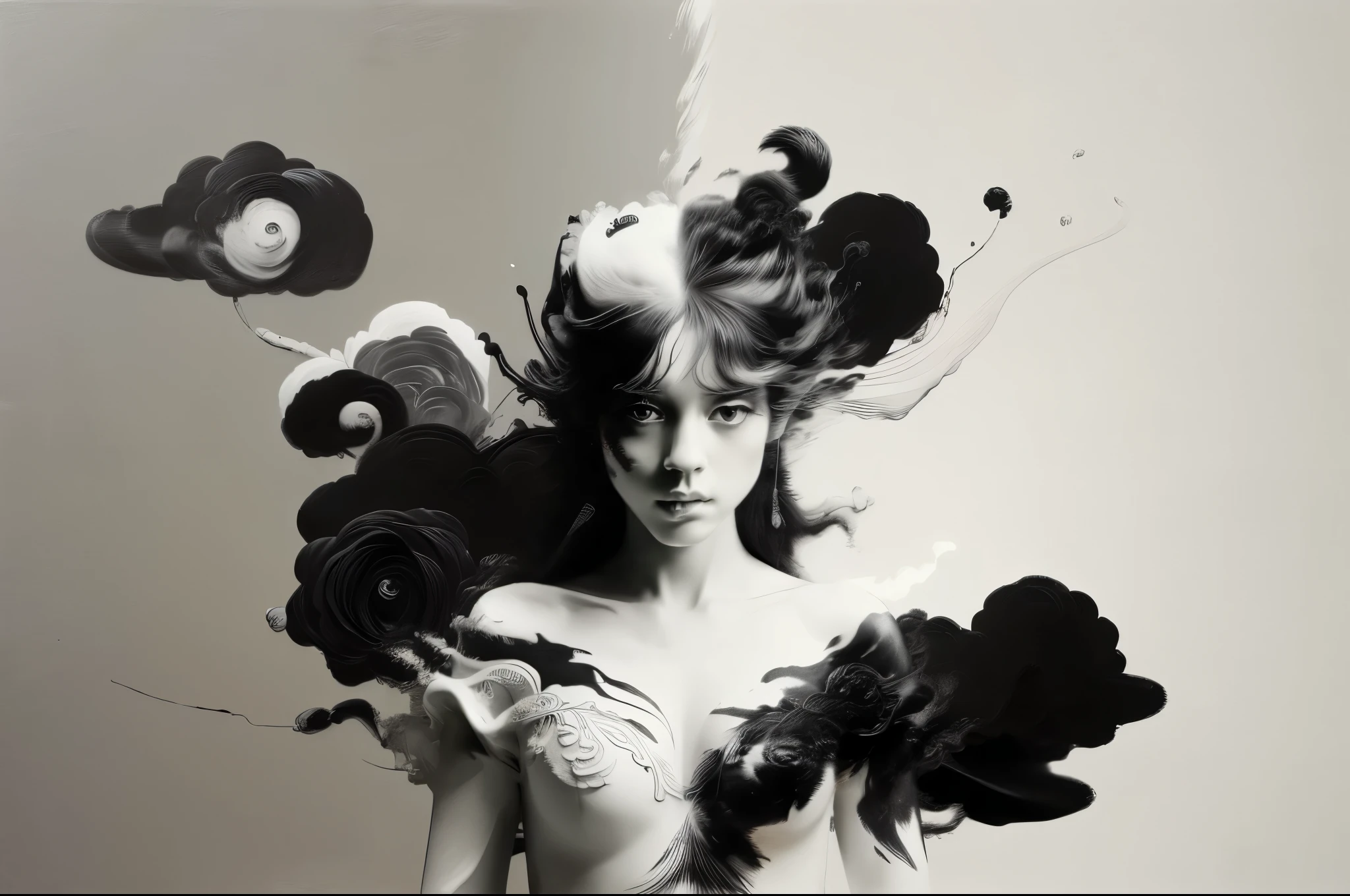 a girl with cat, Ink style painting, Ink Style Figure, warm atmosphere, minimalism, monochrome, Grayscale, clear lines, (best quality, masterpiece, Representative work, official art, Professional, Ultra high detail, 8k)