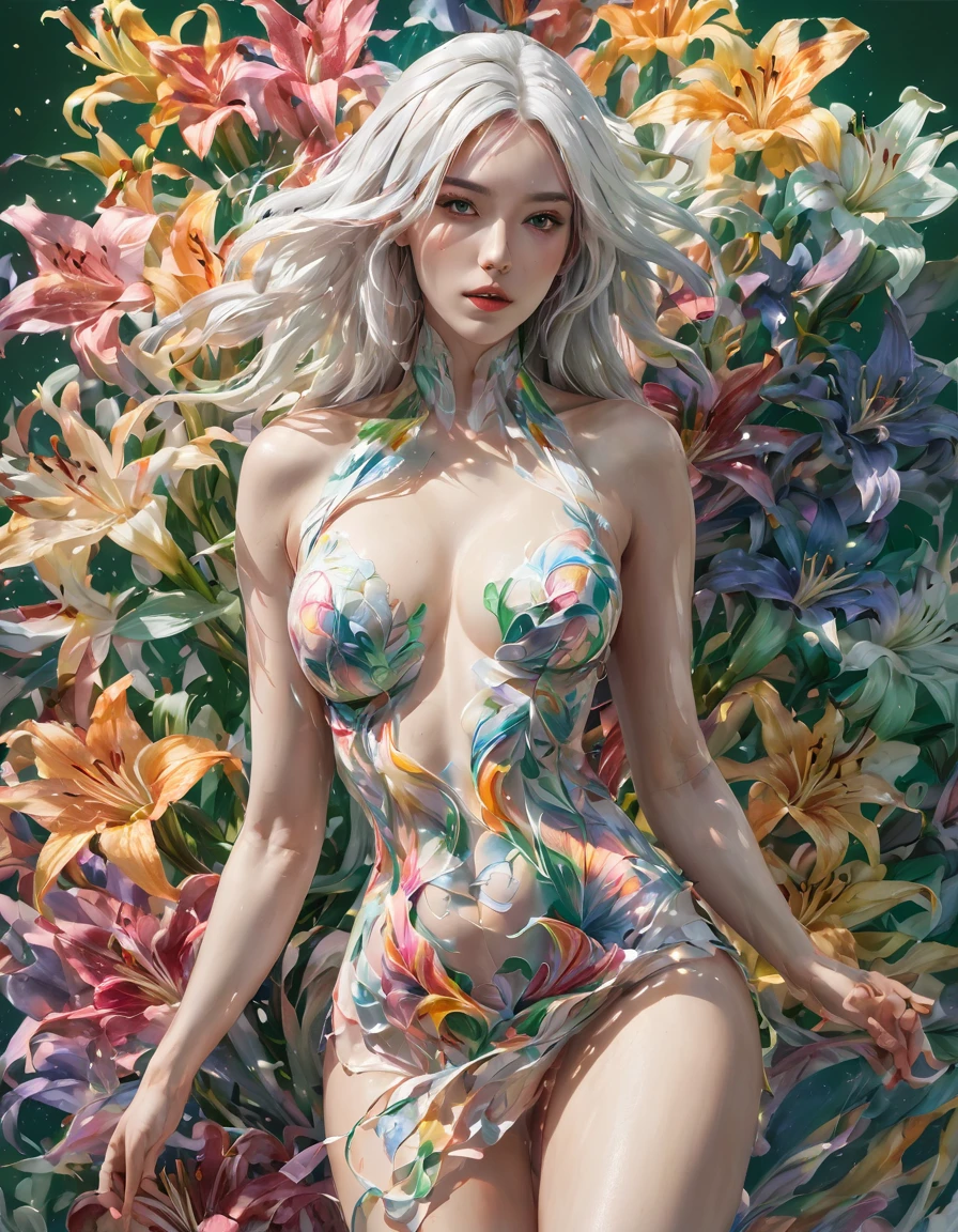 A Woman in an Explosion of Translucent Lilies with the Colors of the Rainbow, ((Realistic Female Body)),Rendered by Octane,Unreal Engine,Rococo Paper Cut,Green and White Watercolor