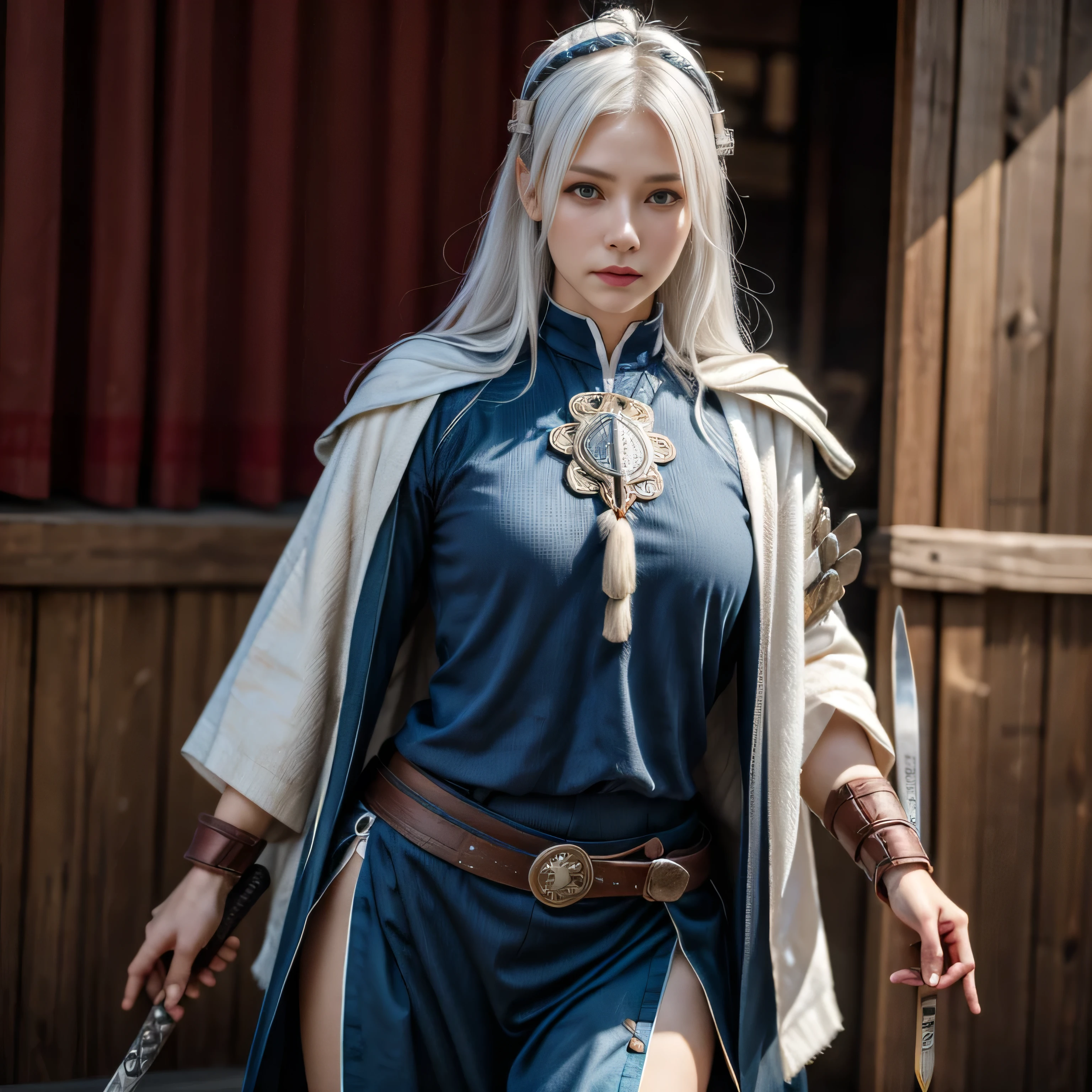 photorealistic, masterpiece, photorealistic, high resolution, soft light, hips up, blue eyes, white hair, long hair, Intricate details EABA, cloaks, spear, Samurai, Armor, warrior, samurai helmet