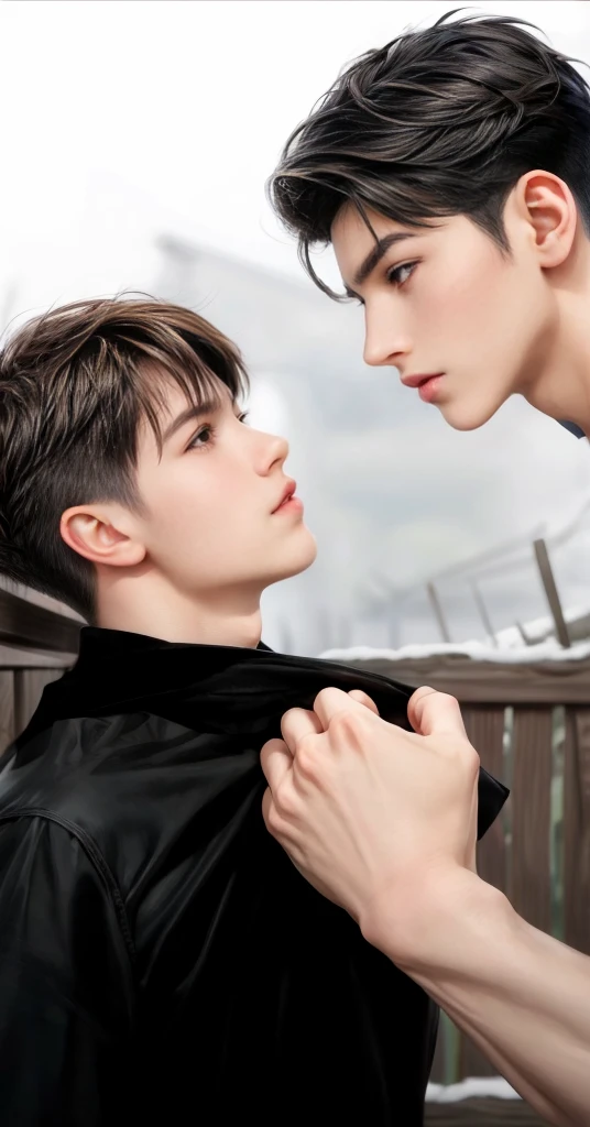 masterpiece, 2boy, young, handsome, black hair, Brown hair, undercut hair, perfect face, detailed eyes and face,black eyes, clean shaved, muscular, capturing a rural atmosphere, dynamic lighting, unreal engine 5