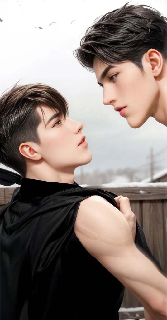 masterpiece, 2boy, young, handsome, black hair, Brown hair, undercut hair, perfect face, detailed eyes and face,black eyes, clean shaved, muscular, capturing a rural atmosphere, dynamic lighting, unreal engine 5