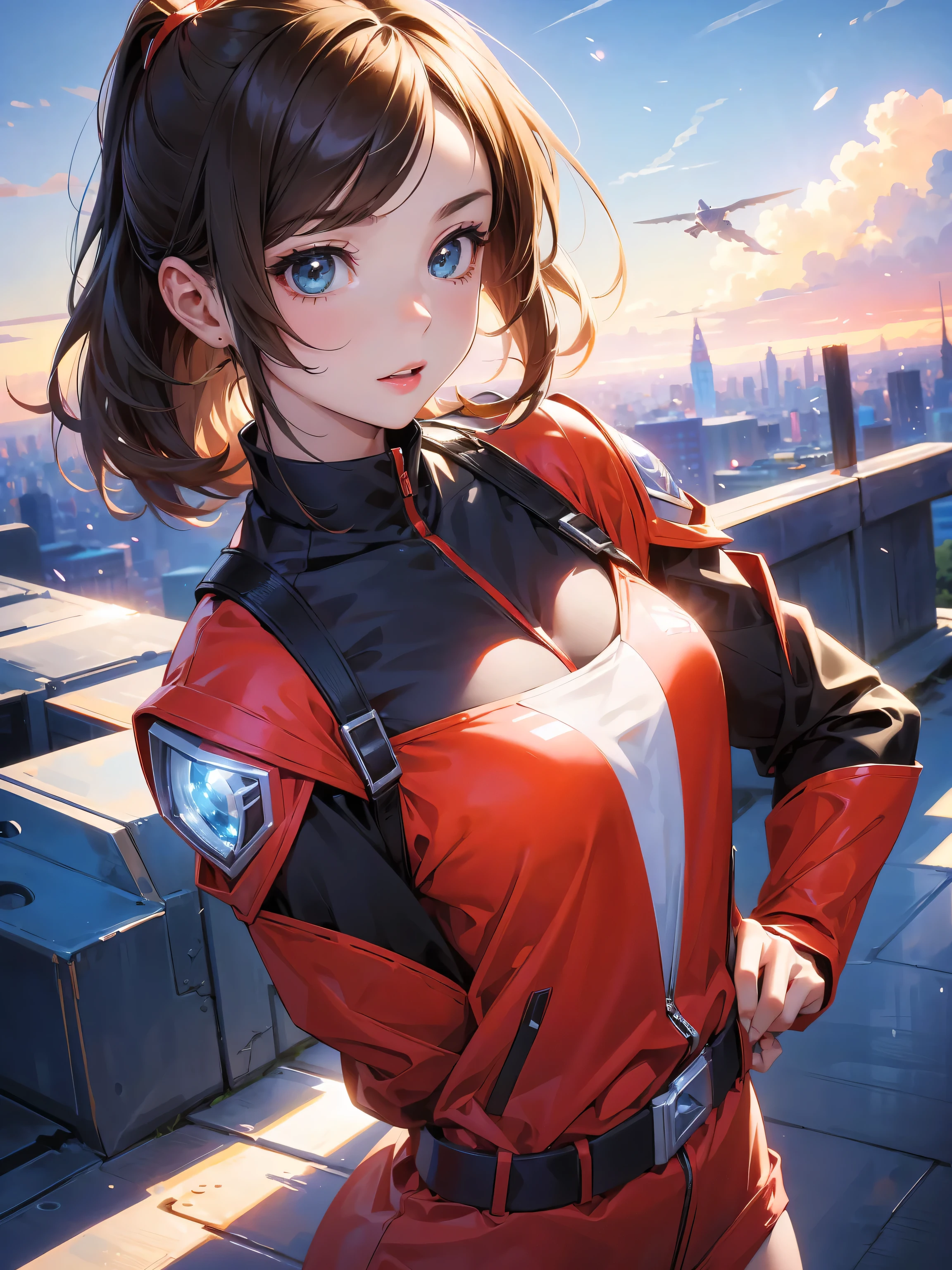 4k, Practical, Attractive, Very detailed, There is a girl in the sky, Dressed as a power ranger, She's a power ranger., Superhero Theme, Green Hair, 25 years old, whole body