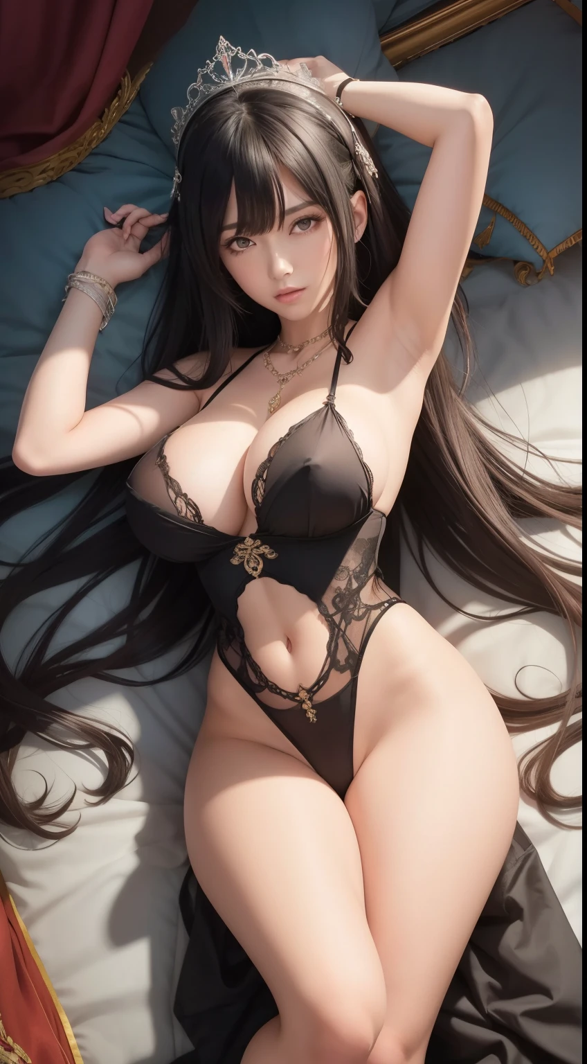 8k, masterpiece, illustration, anime, extreme detail, 1 female, long black hair, messy hair, red eyes, MILF,  sexy, slim waists, large breast, large hips, head to legs, well-toned, exposed breast, arms up, exposed armpits, exposed thighs, exposed legs, sleeping on bed, blushing, nervous, see-thru lingerie, exposed nipples, exposed vagina, royalty, aristocrat, manor, crown, necklace, jewelries, bracelets, anklets, partial nudity