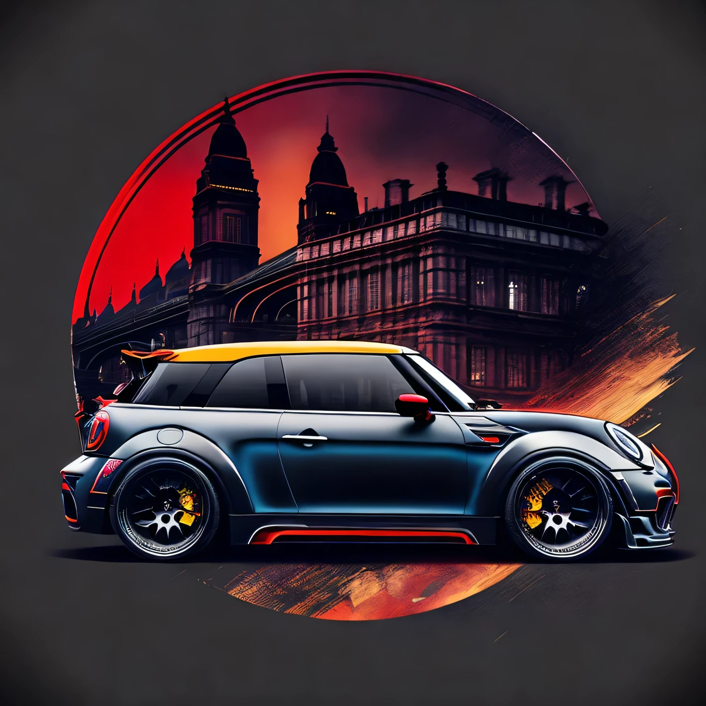 Circle T shirt design, faded background edges, Classic London buildings background, Vibrant colours, Artwork for t-shirt graphic design, bright black and red roof coloured r56 Mini Cooper S, impactful colourful paint, highly detailed vibrant colours k, sharp high contrast high saturated , aggressive stance, realistic realism sharp detailed ultrawide black and carbon fibre and deep colour scheme side profile epic stance epic ultra wide body kit aggressive looks vector image with faded out backgrounds edge