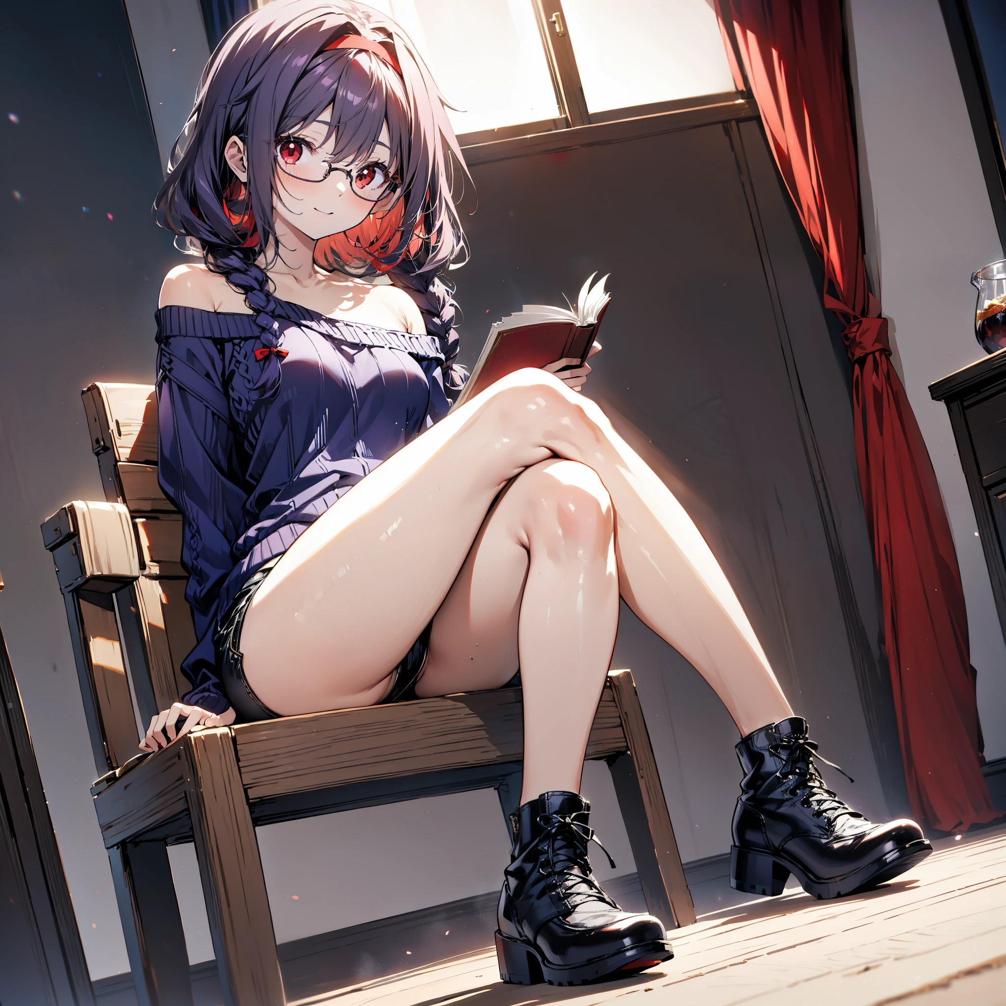 yuukikonno, Konno Yuuki, hair band, Long Hair, Pointed Ears, Purple Hair, (Red eyes:1.5), (Small breasts:1.2), Close your mouth,smile、,Long braids,Black-rimmed glasses,Oversized one-shoulder sweater,Shorts,short boots,sitting in a chair reading a book,
break looking at viewer, whole body,
break indoors, figure書館,
break (masterpiece:1.2), highest quality, High resolution, unity 8k wallpaper, (figure:0.8), (Beautiful fine details:1.6), Highly detailed face, Perfect lighting, Highly detailed CG, (Perfect hands, Perfect Anatomy),