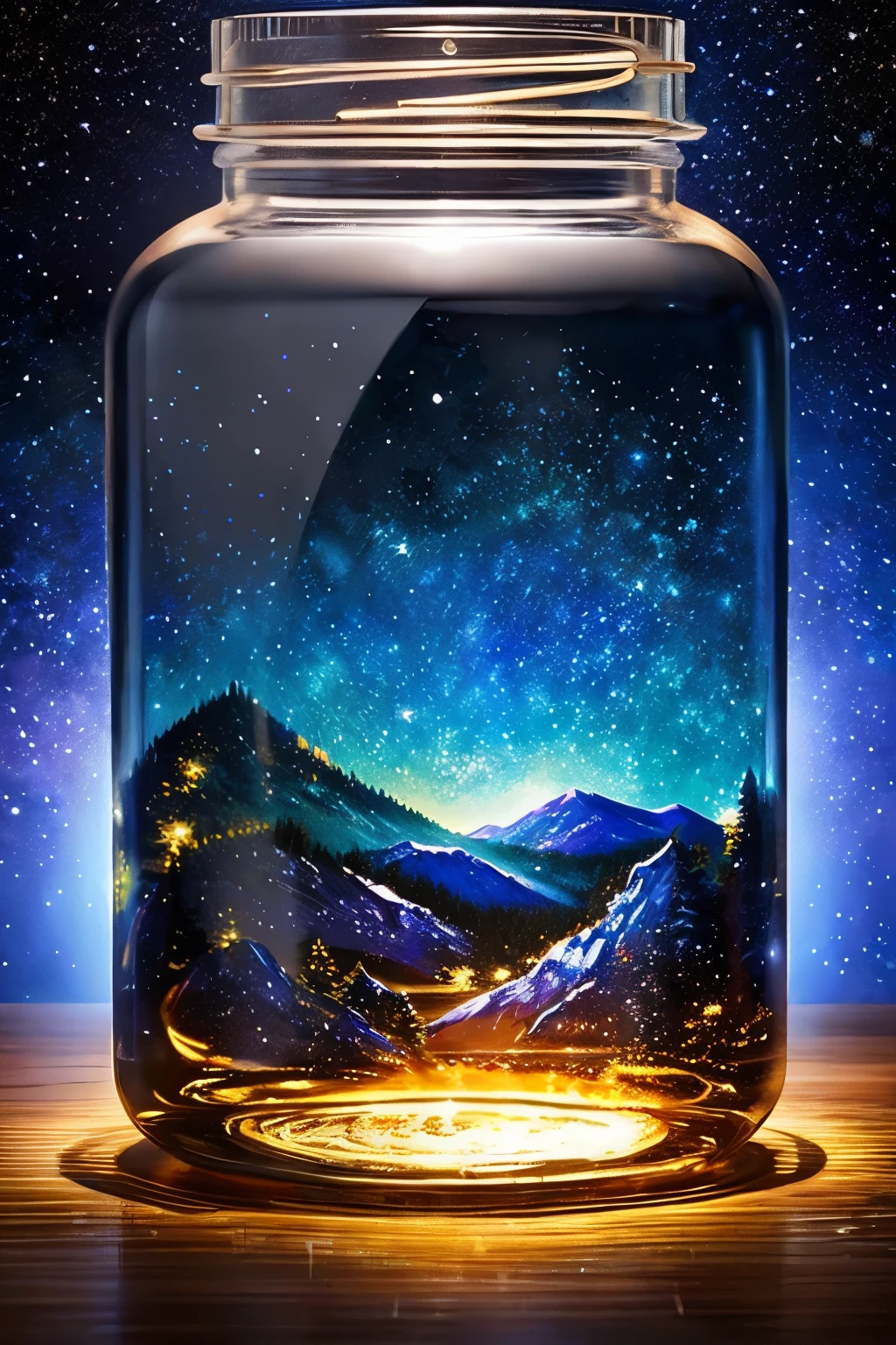 ​masterpiece、top-quality、（Very delicate and beautiful starry sky landscape trapped in a jar）、world masterpiece theater、high-resolutionisometric、top-quality、illustratio、Impasto、canvas、an oil painting、realism、realisitic