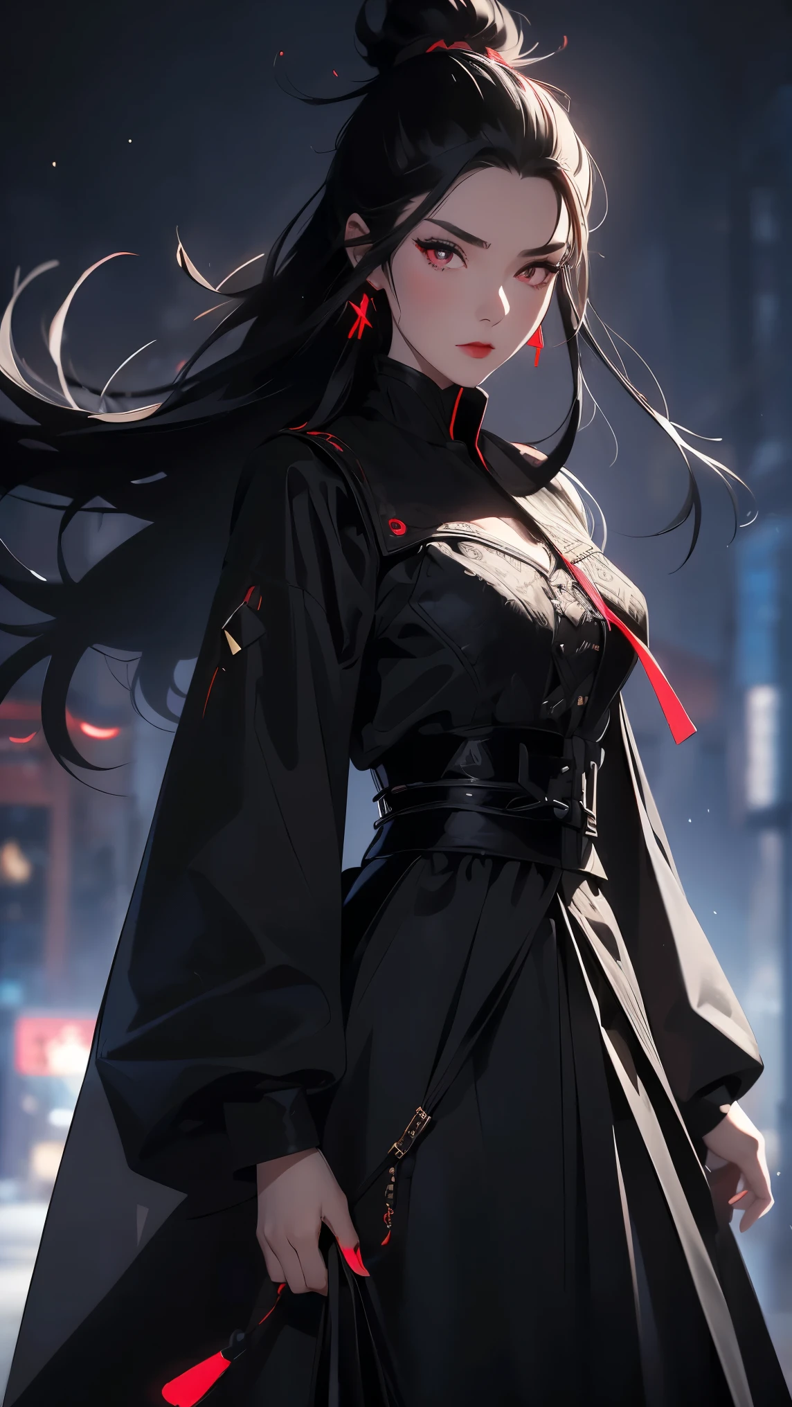 (Girl1,triangle face,red eyes),(black hair,top Knot hairstyle),(black coat,long black skirt,street in city,night,neon),Very details,8K wallpapers,top quality, high precision, beautiful lighting, realistic shade, high precision, detailed skin, very detailed,faces and detailed eyes,((cowboy shot,cinematography,full body))