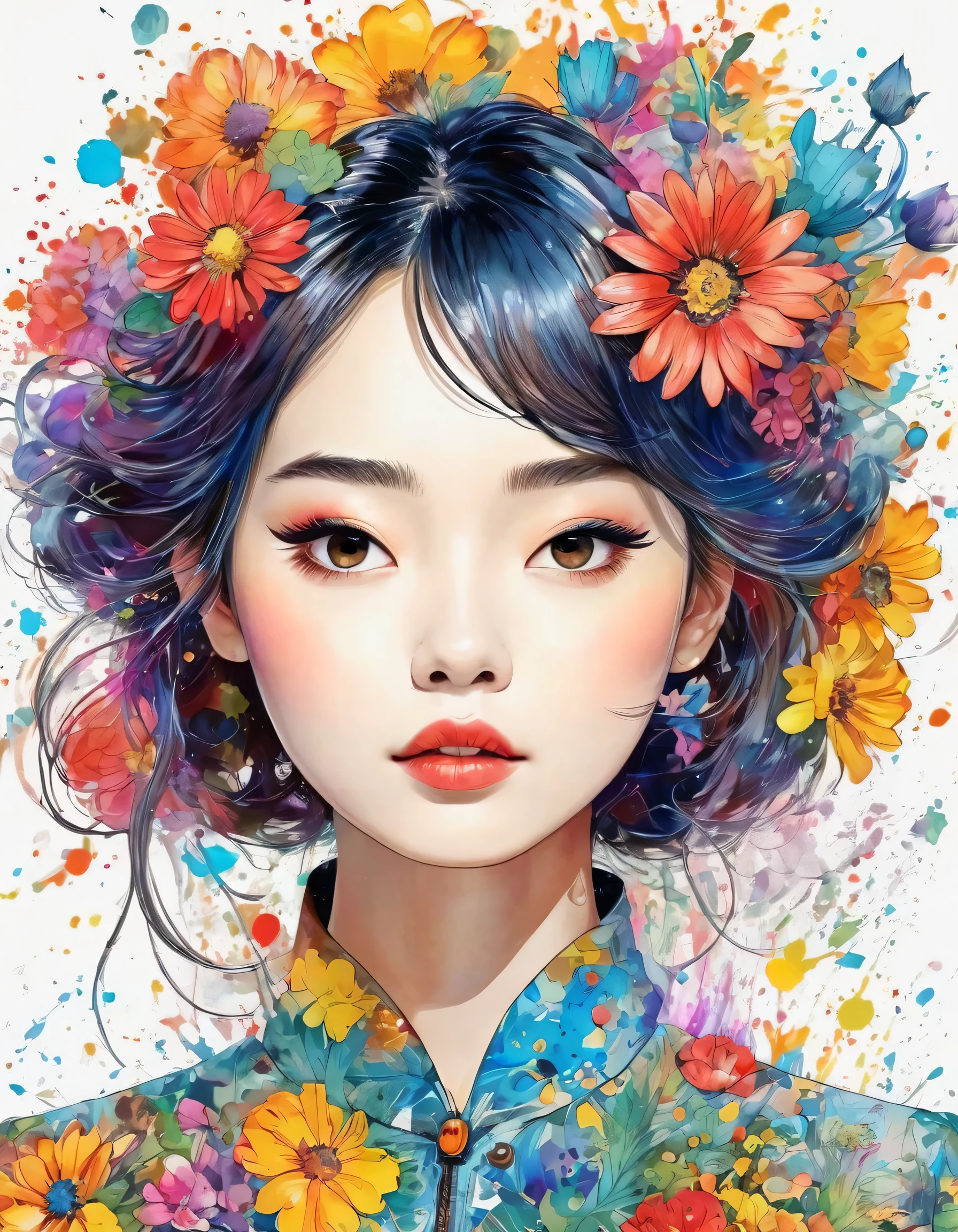 Hayao Miyazaki Style、(((stylish fashion))), 8K Quality、Intense watercolor, Detailed watercolor art, Watercolor splash, Surreal, avant-garde pop art, Beautiful and expressive paintings, Beautiful artwork illustration, Very colorful tones, wonderful, Cool beauty, highest quality、Official Art, Vector art, Stylish design, (((The most beautiful girl))), (((highest quality))), HDR, ((detailed)), (((Doodle Art)), ((masterpiece)), ((Super detailed)), (((Colorful flowers))),(((Stylish)))