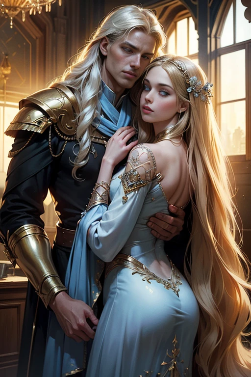 (masterpiece, highest quality, high resolution, 8k, difficulty: 1.2) photorealistic book cover in the genre of epic romantic fantasy, in the center of which a COUPLE (a man and a woman) is depicted. Spring romantic fantasy in the center stands a handsome, tall, statuesque, courageous young man-blond with long white hair, dressed in military uniform and silver armor, he hugs from behind a beautiful, incredibly beautiful young femme fatale with long golden hair, blue eyes, she is a princess, she is sad, proportional, gentle, shimmering, beautiful faces, she does not like him, he is unpleasant to her, daytime bokeh, fairy fairy, mysterious, bright spring color scheme, (Best quality, 8K, high resolution, Masterpiece: 1,2), Ultra-detailed (Realistic, Photorealistic, photorealistic-realistic: 1.37), Artistic design in a creative style, Historical, Classic, refined, many colors, High detail, soft lighting, luxurious furnishings, dress with details, bright flowers, exquisite jewelry, Unearthly atmosphere, Elegant pose, Graceful curves, Golden body proportions, Loose hair, Breathtaking textile patterns, Piercing blue eyes, Delicate floral decor, Dazzling set of crystal accessories, Mysterious and dreamy atmosphere, Impeccable attention to detail. detailed eyes, beautiful face.